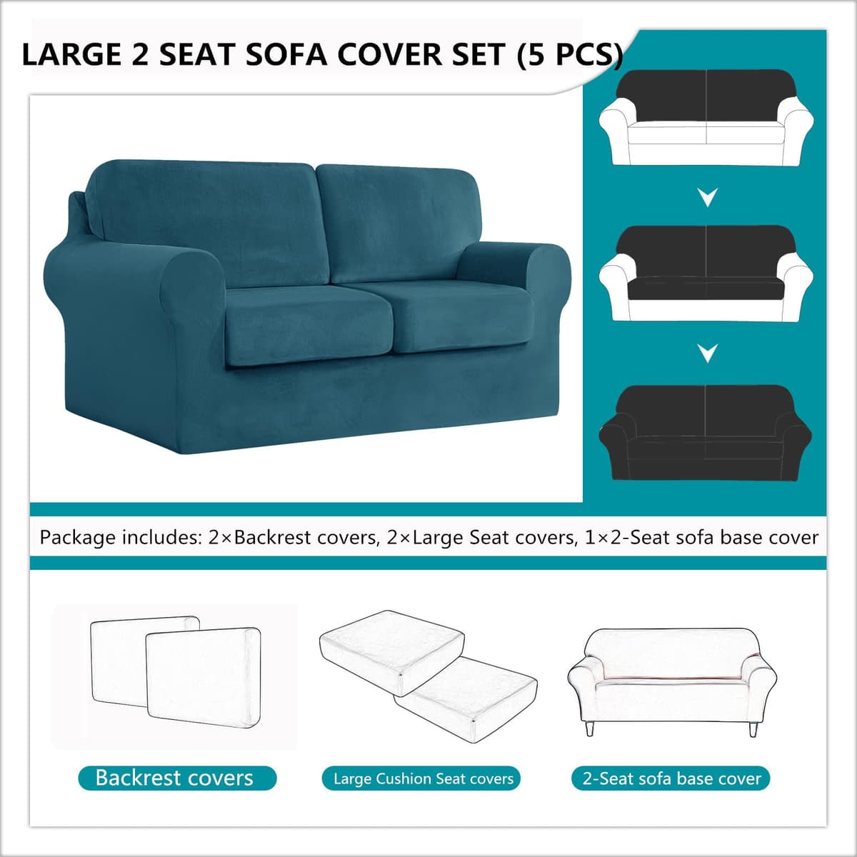 SYLC Sofa Cover with Separate Seat Cushions and Backrests Stretch Velvet Sofa Slipcover Couch Covers Furniture Protector Split Combined (Dark teal,Large 2 Seat Set 5 PCS) — view 4