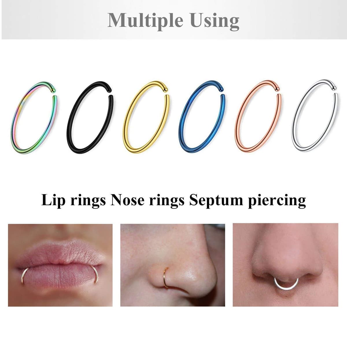 Briana Williams 6piezas Fake Anillo de la nariz Aro Septum Tragus Cartílago Pendiente Aro Piercing 22G 20G 18G 16G 6/8/10/12mm Acero inoxidable Faux Joyería Piercing — view 5