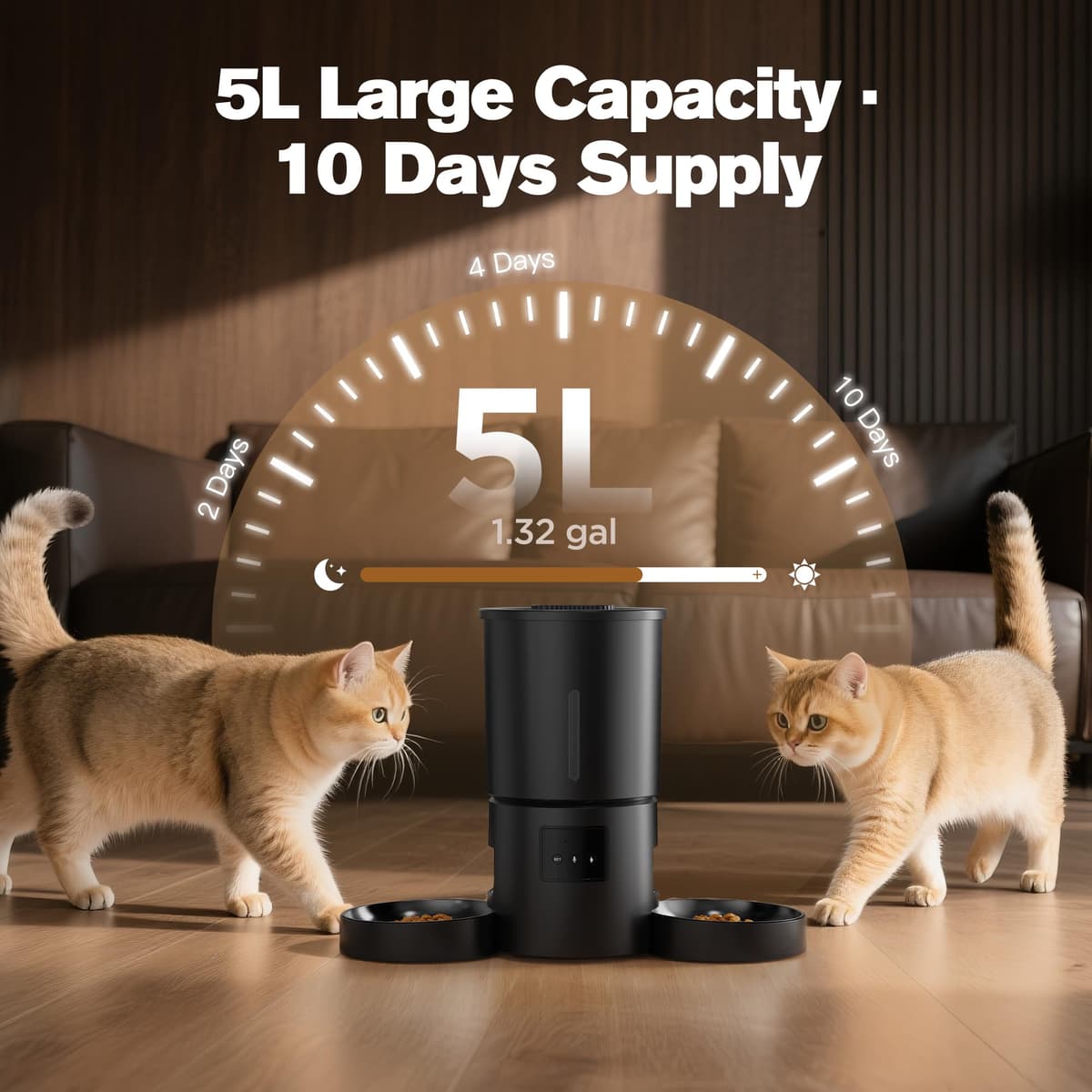 Comedero Gato Automático Doble & App: Dispensador Automático de 5L con WiFi 2.4G y Temporizador para Comida Seca - Diseño de Comedero Doble AONBOY para Múltiples Gatos y Perros - Negro — view 4