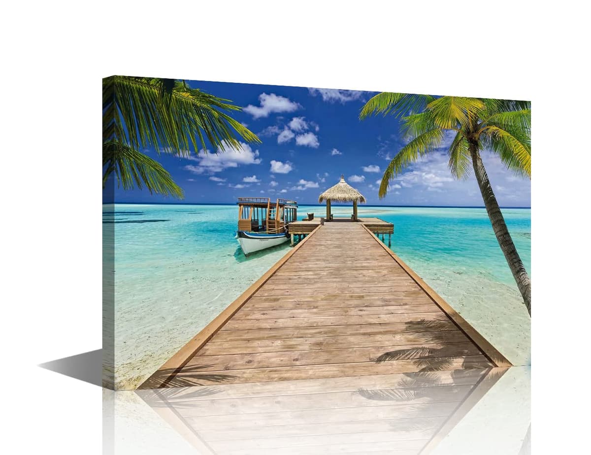 TISHIRON Wall Art Sandy Beach Sunrise Pictures Painting on Canvas Wall Art Modern Framed Seaside Canvas Prints Ready To Hang(24X16in) — view 46