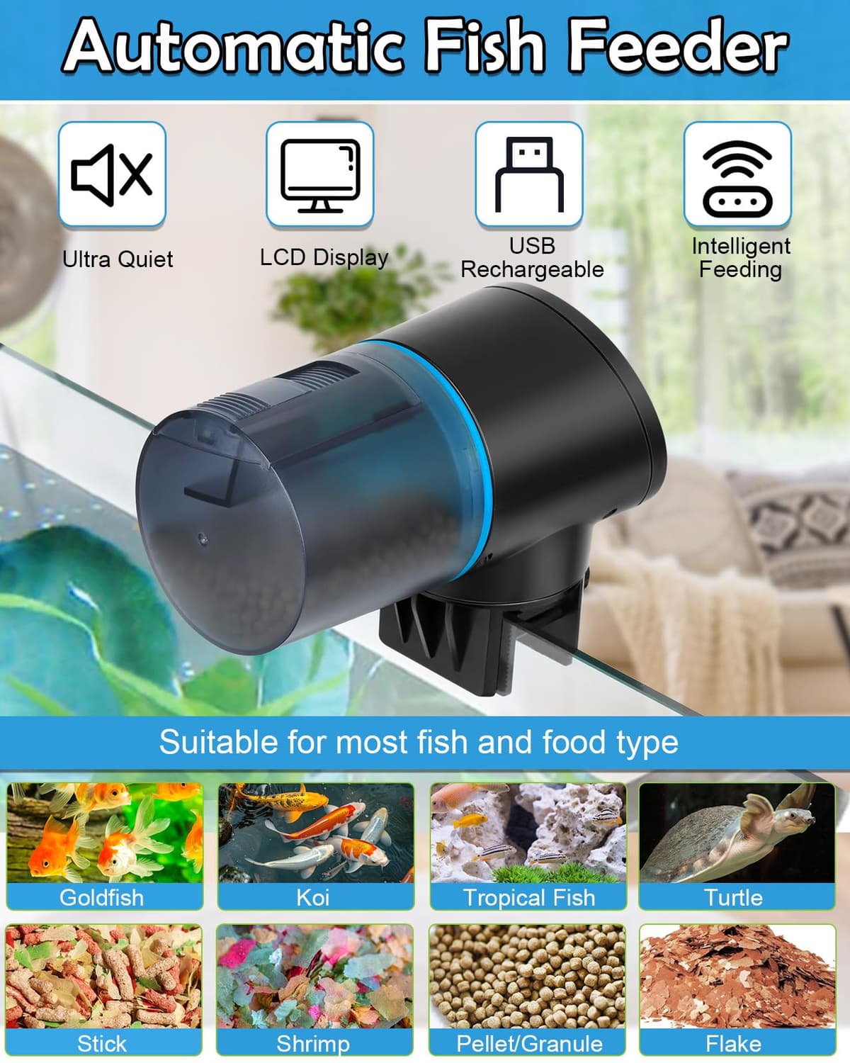 Petbank USB Charger Alimentador Automático Acuarios con Temporizador Recargable, Dispensador Comedero Acuario con Pantalla LCD, Dispensador Comida Peces Automatico, Azul — view 2