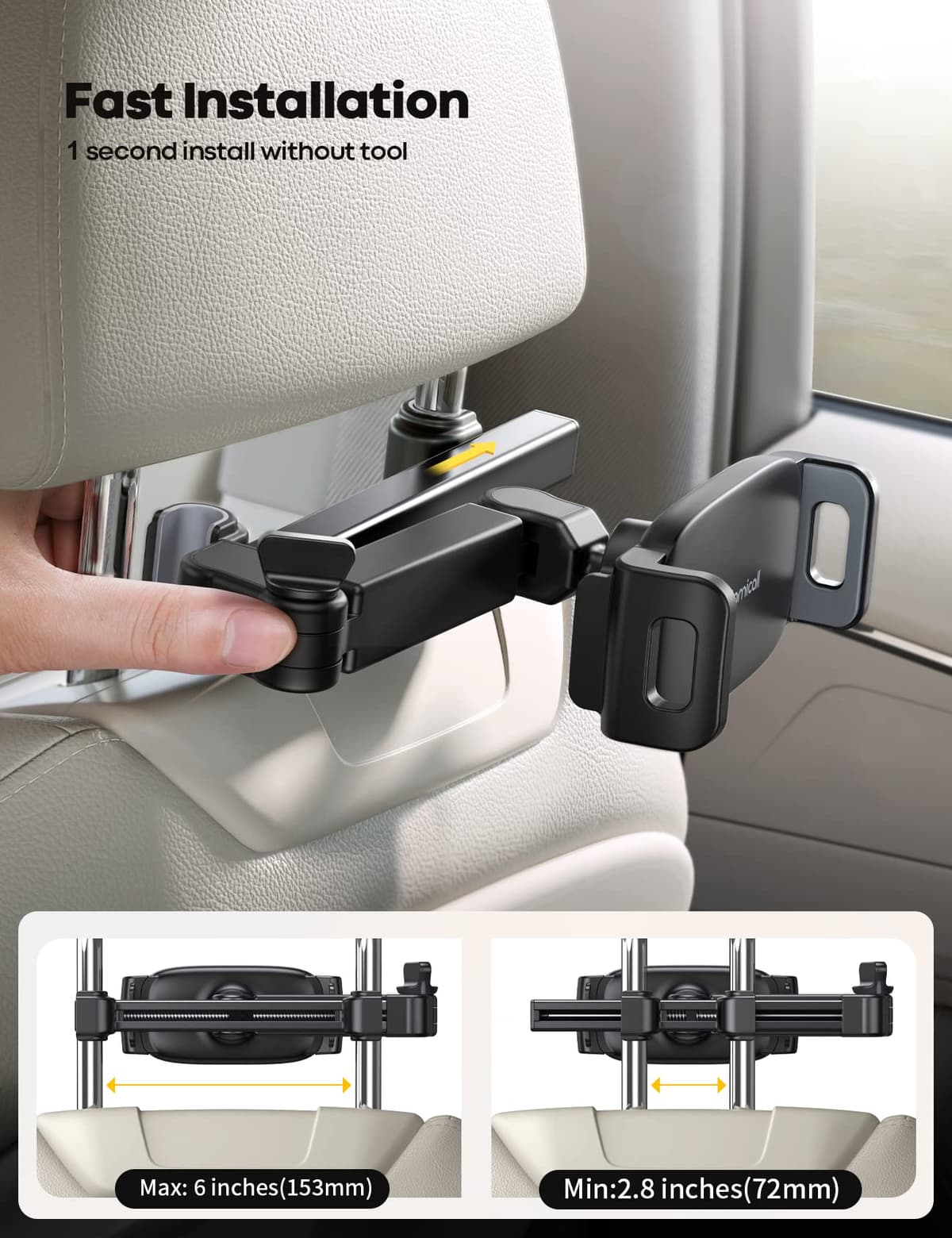 Lamicall Car Headrest Tablet Mount - [Aluminium Arm] 2025 Adjustable Car Tablet Holder, 360° Rotating Backseat Mount for Kids, for 2024 iPad Pro 13, Air 6, Mini, Tab, Phones, 4.7-13” Device - Black — view 4