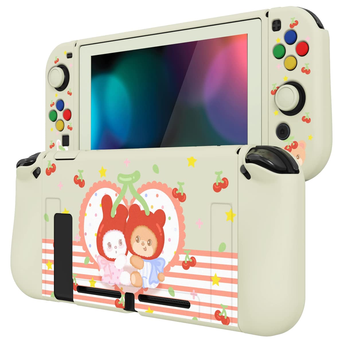 playvital ZealProtect Soft Protective Case for Nintendo Switch, Flexible Cover Protector for Switch with Screen Protector & Thumb Grip Caps & ABXY Direction Button Caps - Cherry Bunny & Cherry Bear — view 6