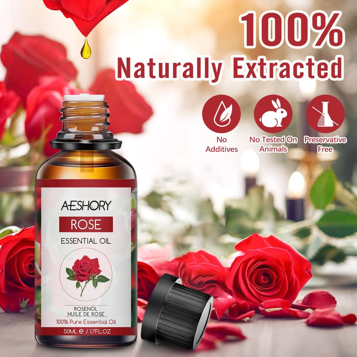 AESHORY Aceite Esencial de Rosa 50ML, Natural Aceite de Aromaterapia de Rosa, Aceites de Fragancia Premium para Humidificador, Masaje, Baño, Cuidado la Piel, Relajación y Calma — view 2