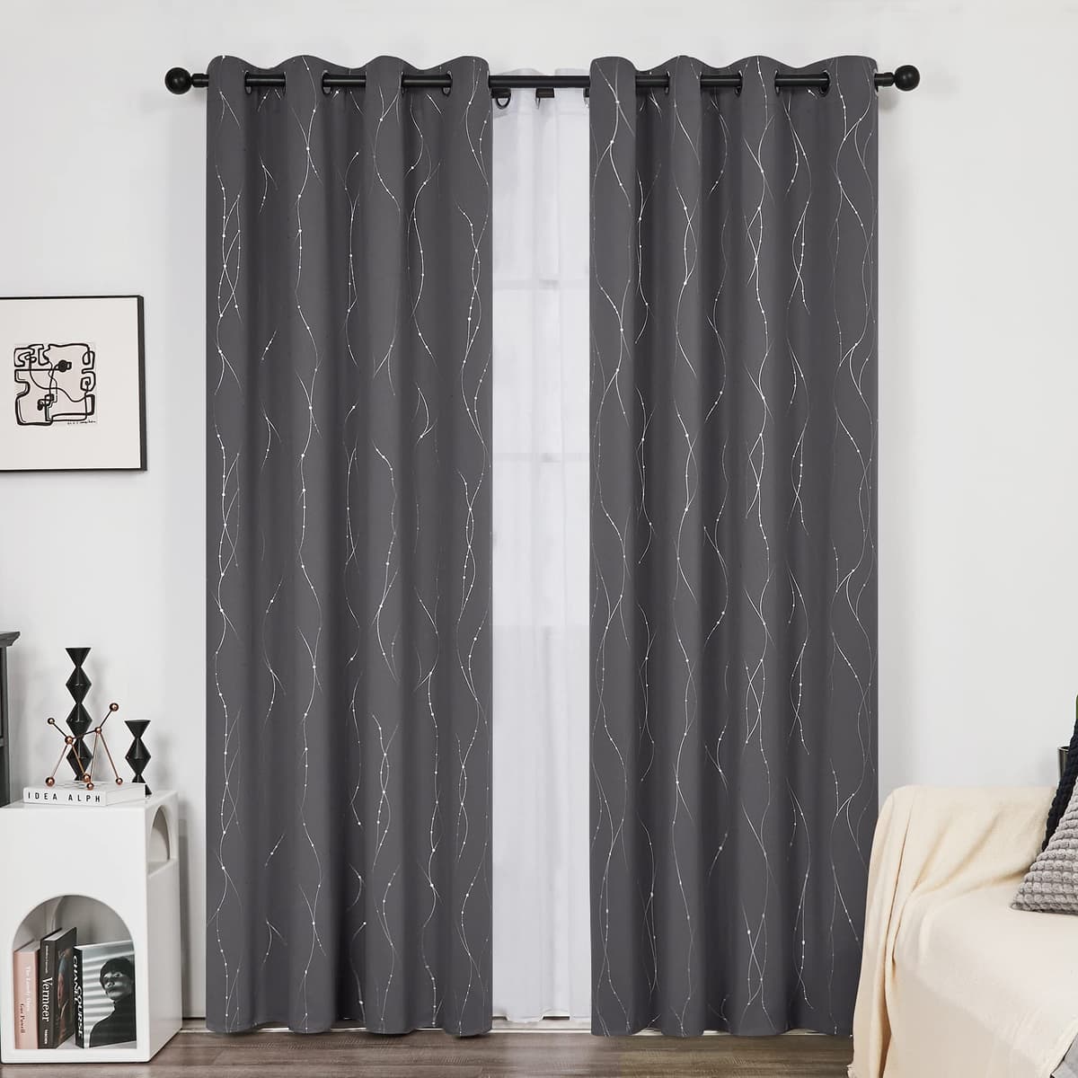 Deconovo Dot Line Decorative Super Soft Thermal Insulated Energy Saving Blackout Curtains for Living Room Dark Grey 66 x 90 Inch 2 Panels — view 2