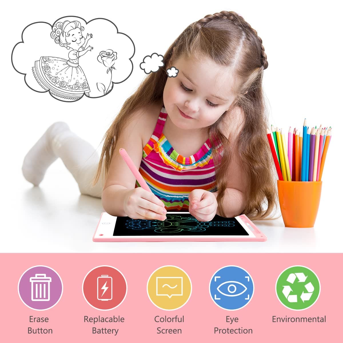 Vicloon Tableta de Escritura LCD, 10" Tablero de Dibujo Electrónico para Niños, Tablero de Graffiti de con Bloqueo de Pantalla borrable para Pinturas niños y Juguete Educativo para Clase Oficina Casa — view 7