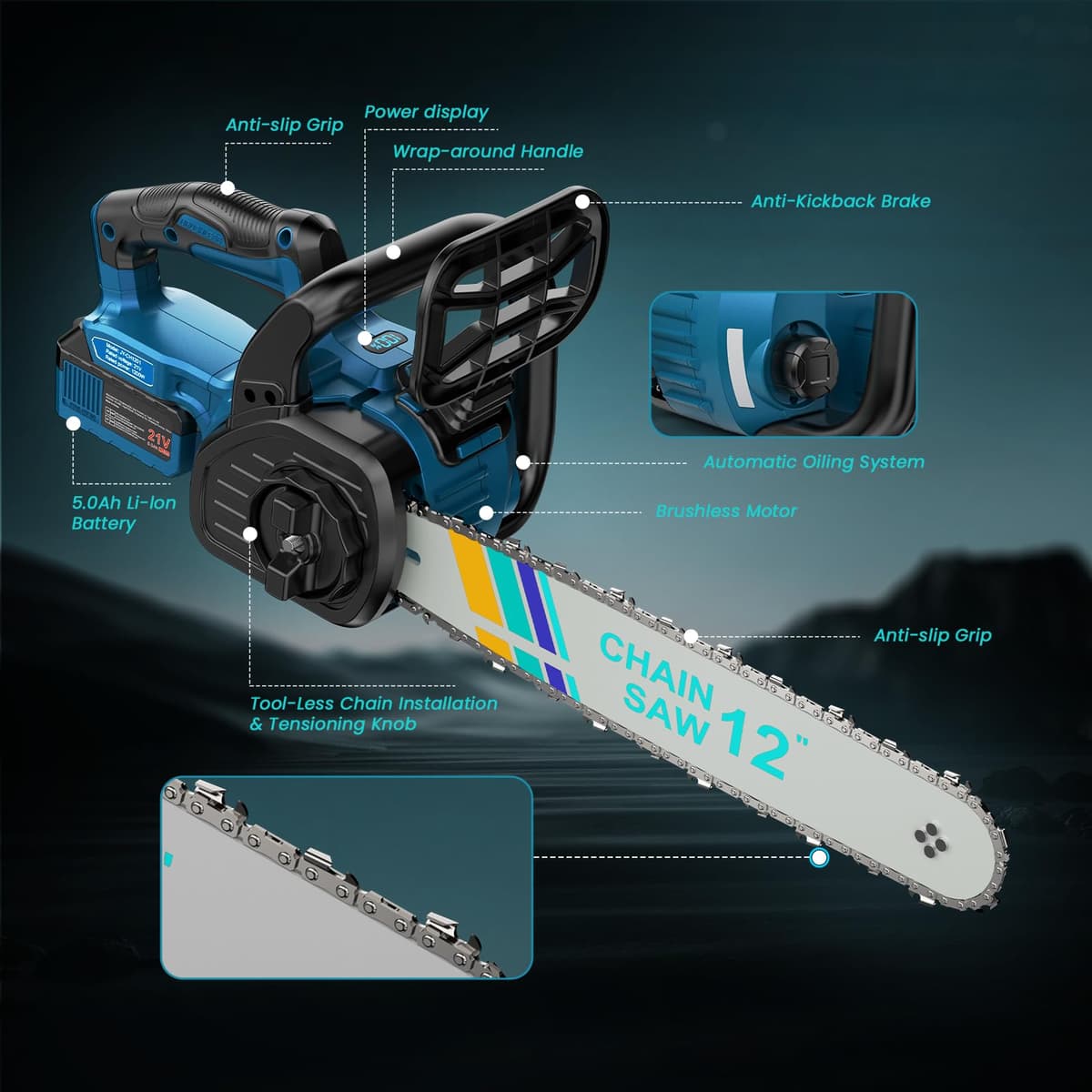 Motosierra sin escobillas de 12 pulgadas compatible con baterías Makita, sierra de jardín eléctrica inalámbrica con 2 baterías de 4Ah y cargador, lubricación automática, para jardín y corte de madera — view 2
