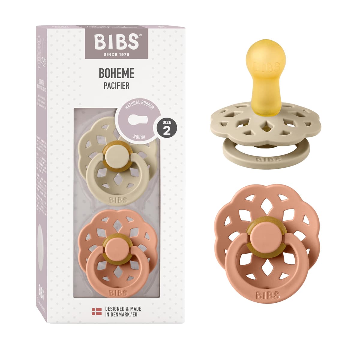 BIBS Boheme Soother 2-Pack. BPA Free. Round Nipple. Natural Rubber Latex, Made in Denmark. Size 2 (6-18 Months), Blossom/Dusky Lilac — view 9