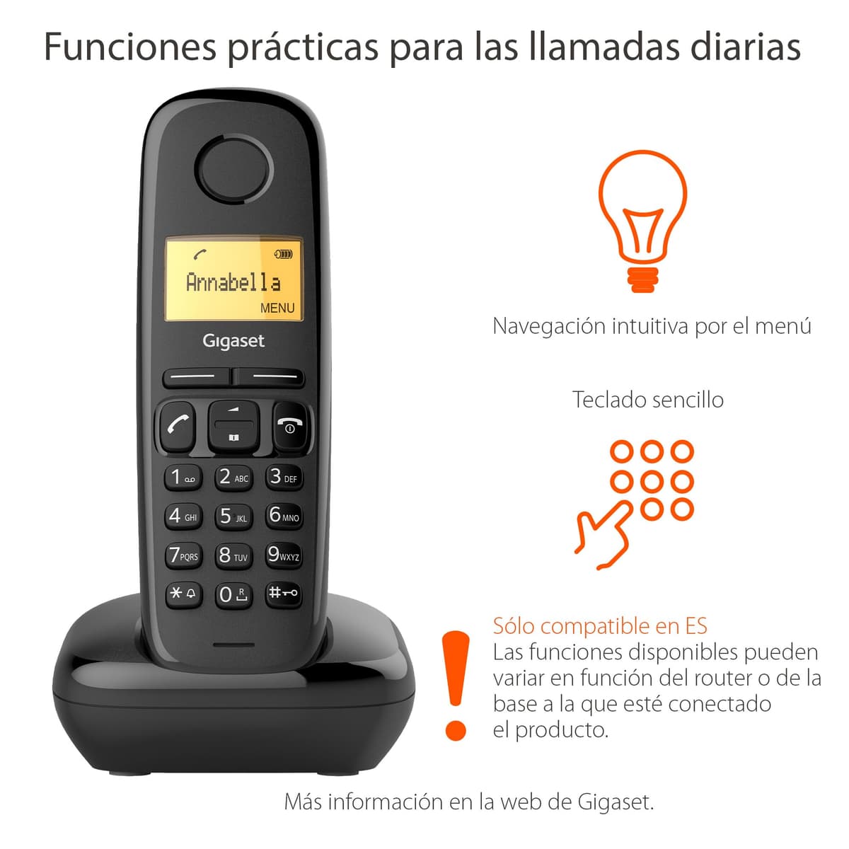 Gigaset A170 - Teléfono DECT inalámbrico - Pantalla Gráfica Iluminada - Fácil de Usar - Instalación Sencilla, Color Negro [Versión Española] — view 2
