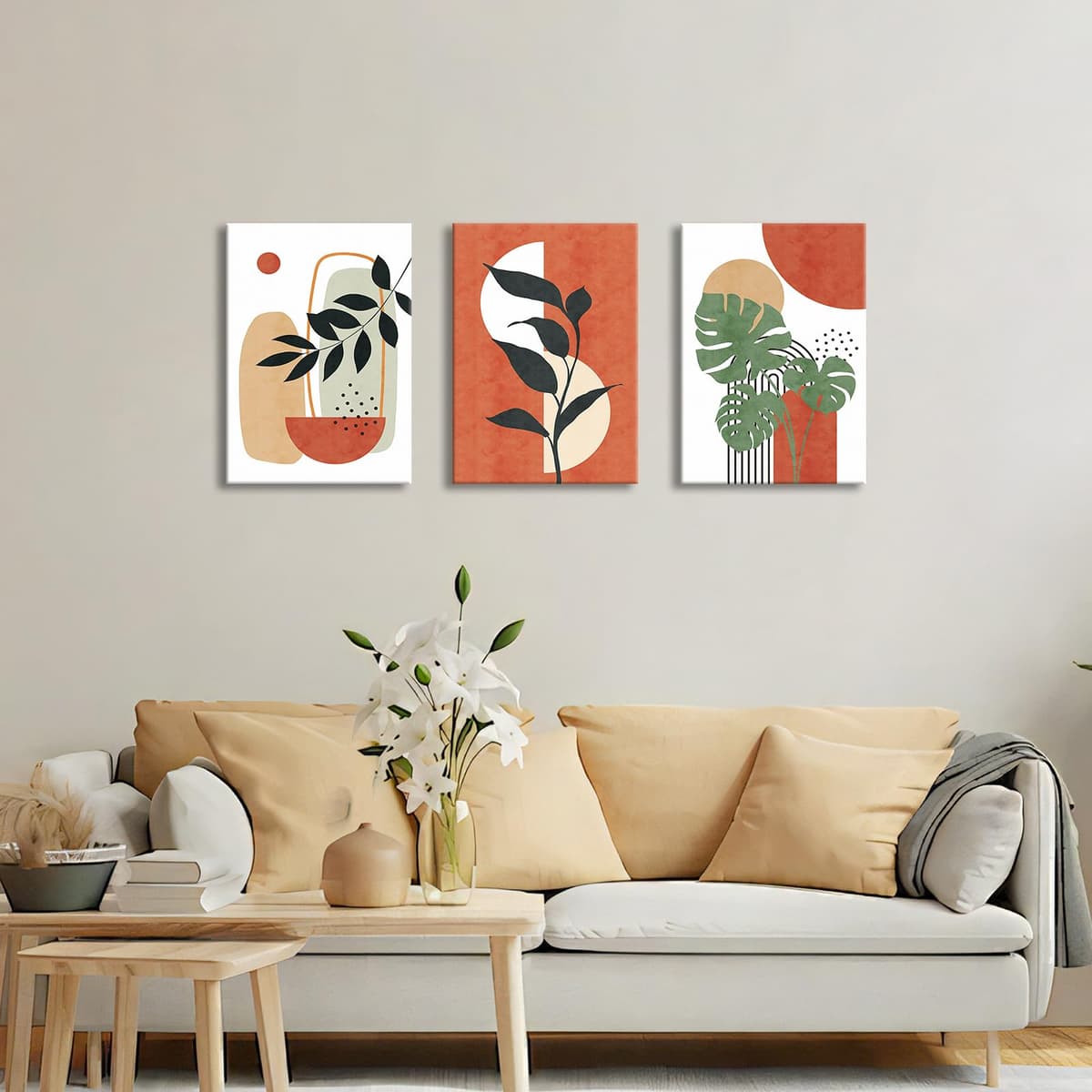 3Pcs Wooden Framed Boho Canvas Wall Art Orange Abstract Leaves And Sun Painting Canvas Prints Nordic Minimalist Geometric Picture for Living Room Bedroom Hallway Home Wall Decor 120x60cm(16"x24"x3pcs) — view 3