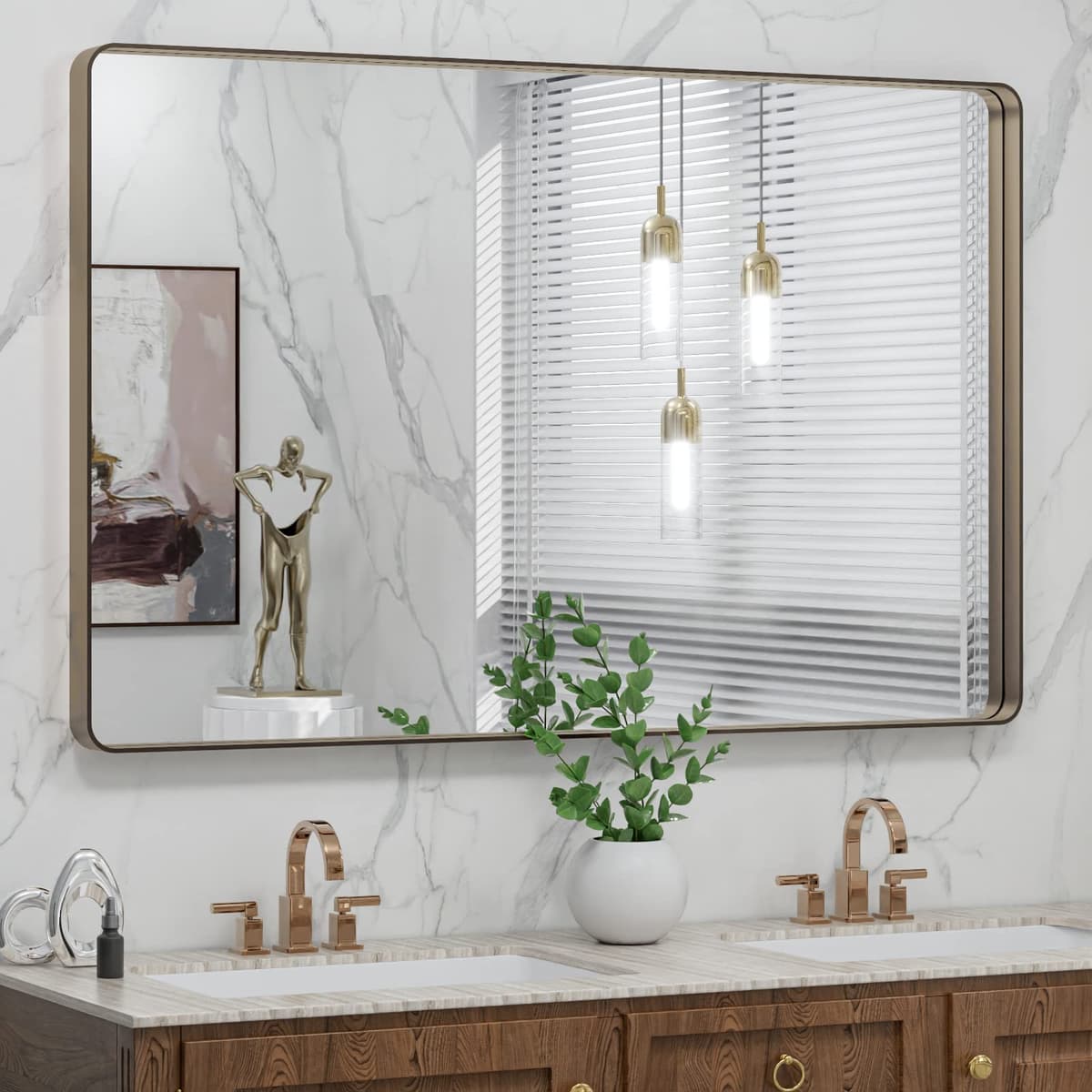 LOAAO 48”X36” Gold Bathroom Mirror, Rounded Rectangle Gold Frame Mirror, Brushed Gold Bathroom Vanity Mirror Wall-Mounted, Anti-Rust, Tempered Glass, Hangs Horizontally or Vertically — view 78