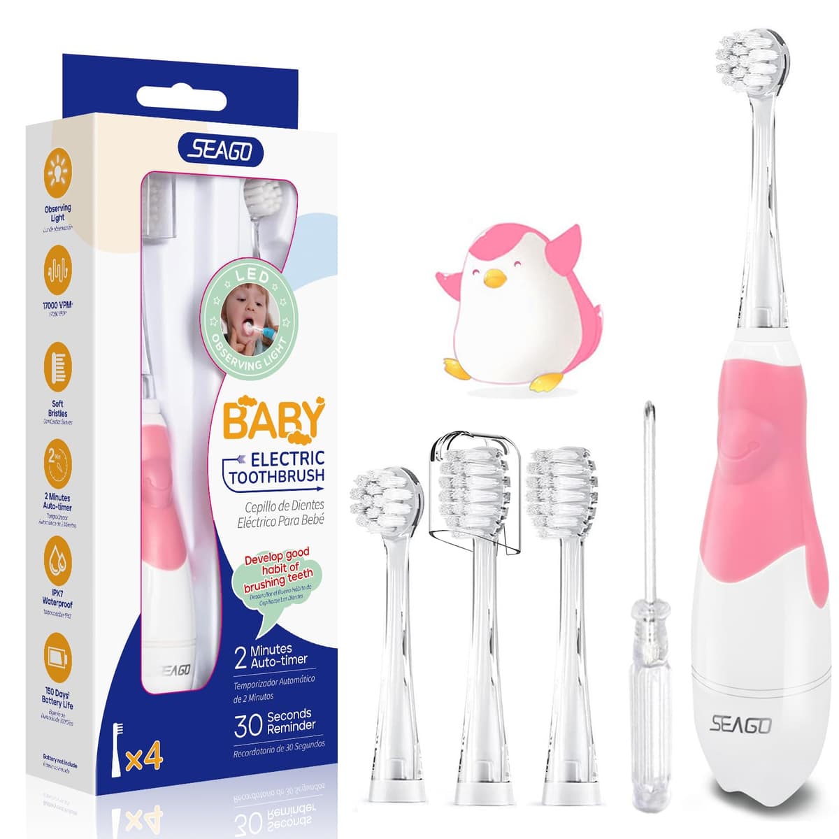 Seago Cepillo de Dientes Infantil Eléctrico Para Niños 3–12 Años Kids Con Luz de Colores,Temporizador Inteligente de 2 minutos,4 Cabezales Suaves SG-EK6/SG-977 (Rosa) — view 10
