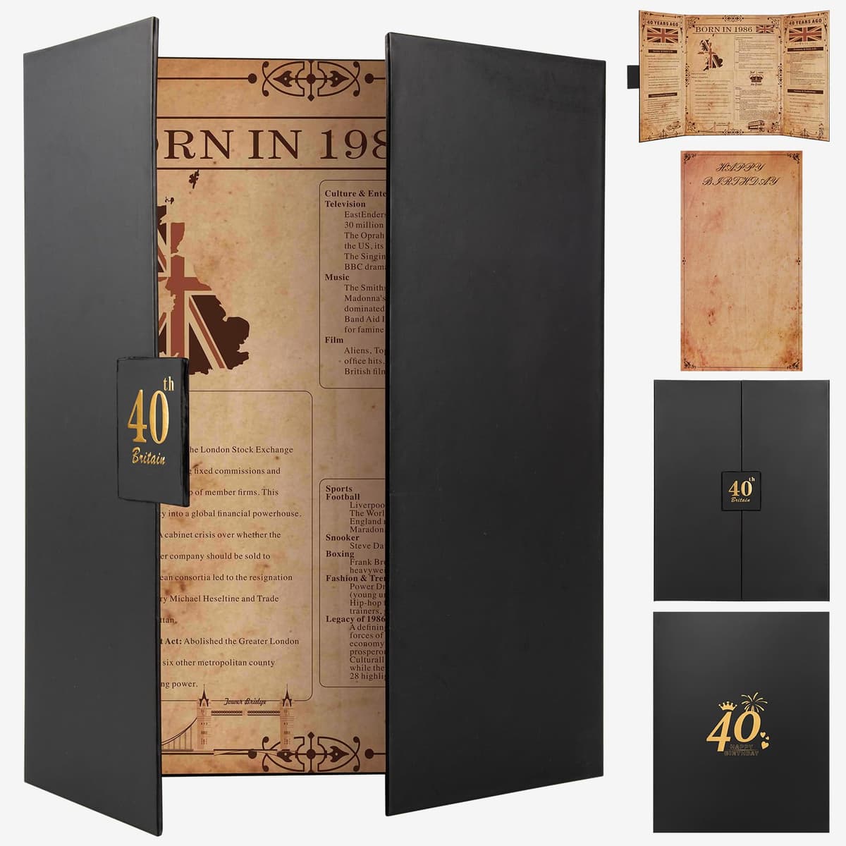 Born in 1986 UK 40th Birthday Gift Set with 3 Vintage Posters – Tri-Fold Birth Year Timeline, Dual-Fold Childhood Memories & Bonus Blank Greeting Card for Personal Messages, Retro Party Decorations
