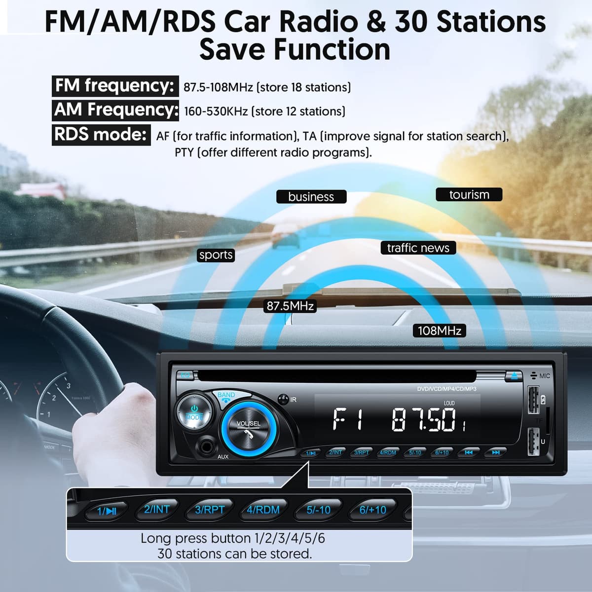 RDS Car Stereo Bluetooth with CD DVD Player, Wistrue FM/AM Car Radio Bluetooth Handsfree with 2 USB/SD/AUX, Single Din Car Stereo 7 Colors MP3 Player,Fits 9-24V Vehicles — view 3