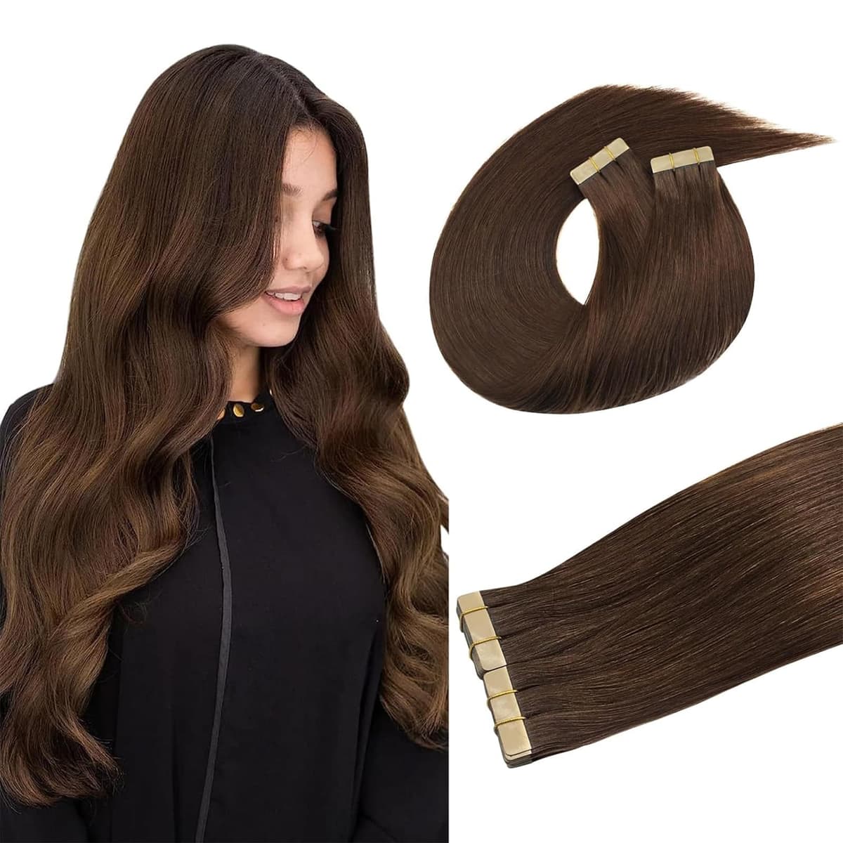 DOORES Tape in Hair Extensions Human Hair, Balayage Dark Brown to Chestnut Brown 50g 20pcs 18 Inch, Human Hair Extensions Natural Remy Straight Skin Weft — view 14