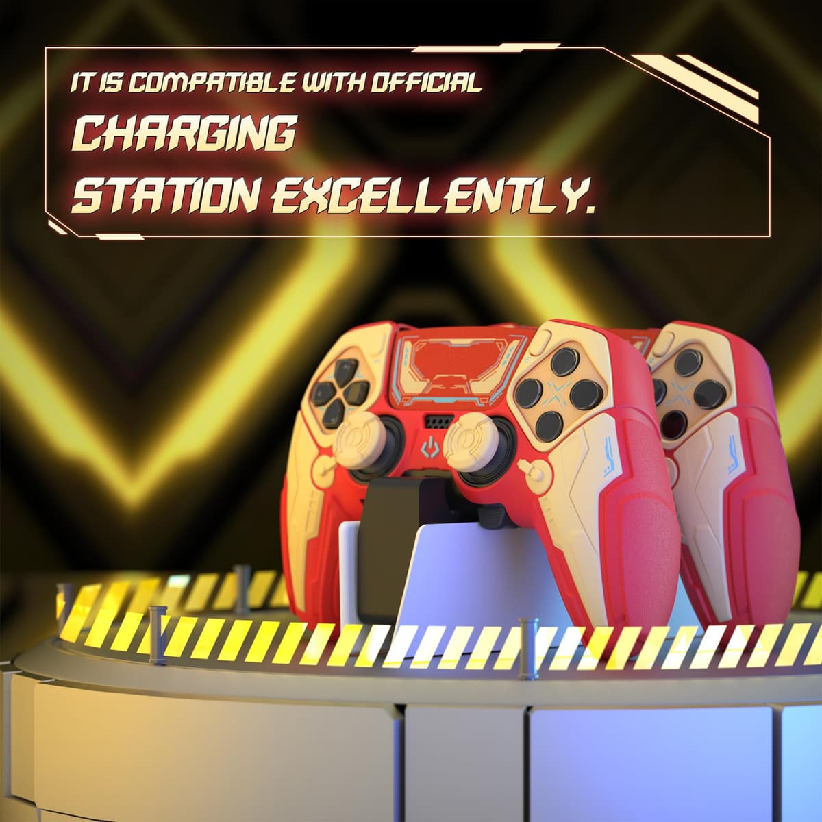 PlayVital Funda de Silicona para ps5 Edge Mando - Carcasa Protectora Antideslizante con Tapas para Joystick y Pegatinas Decorativas - Stellar Mecha (Rojo Carmesí & Amarillo Hierro) — view 2