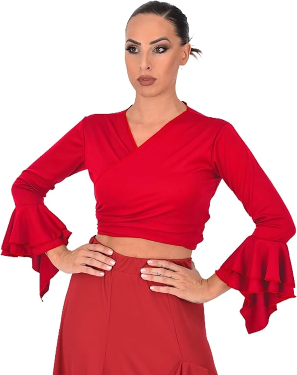 Bolero Torera Top Cruzado Flamenco Tejido elástico Manga Larga con Dos Volantes — view 4