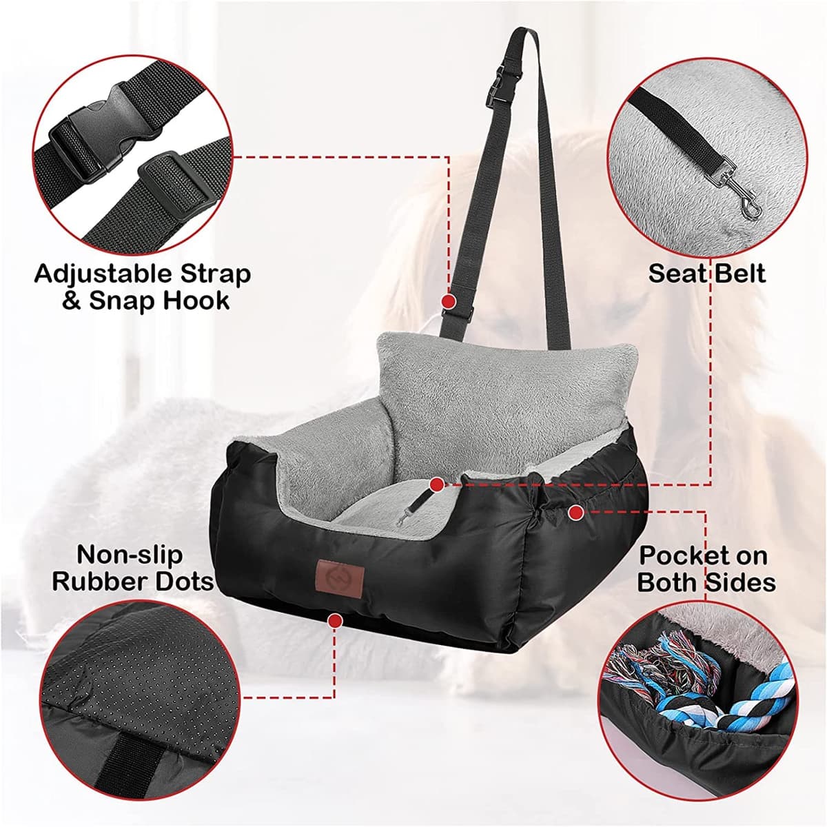 GoFirst Dog Car Seats for Small Dogs or Cats, Pet Booster Seat Travel Bed with Storage Pocket and Clip-On Safety Leash, Waterproof Warm Plush Dog Car Safety Seats,Black — view 2
