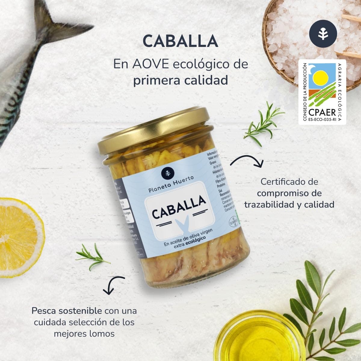 PLANETA HUERTO | Pack 3x Caballa en Aceite de Oliva Virgen Extra 190 g, Conserva Ecológica Artesanal - Caballa en Conserva Rica en Omega‑3 DHA, Fuente de Proteína Natural y Sabor Mediterráneo — view 4
