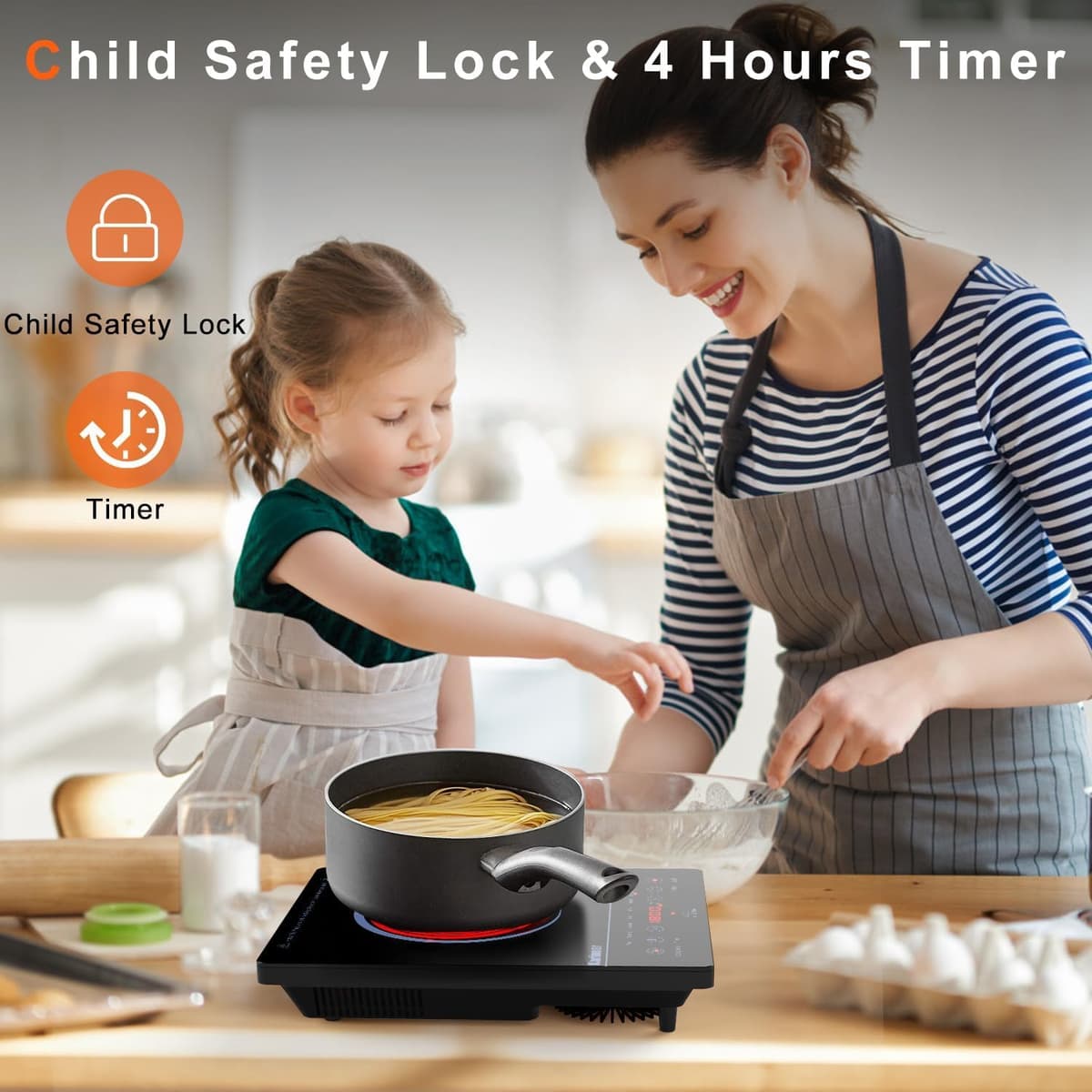 Karinear Portable Ceramic Hob Pulg in Single Electric Hob with 4-Hour Timer 9 Power Levels Up to 2000W, 8 Pre-set Functions Touch Sensor Control Safety Lock — view 3
