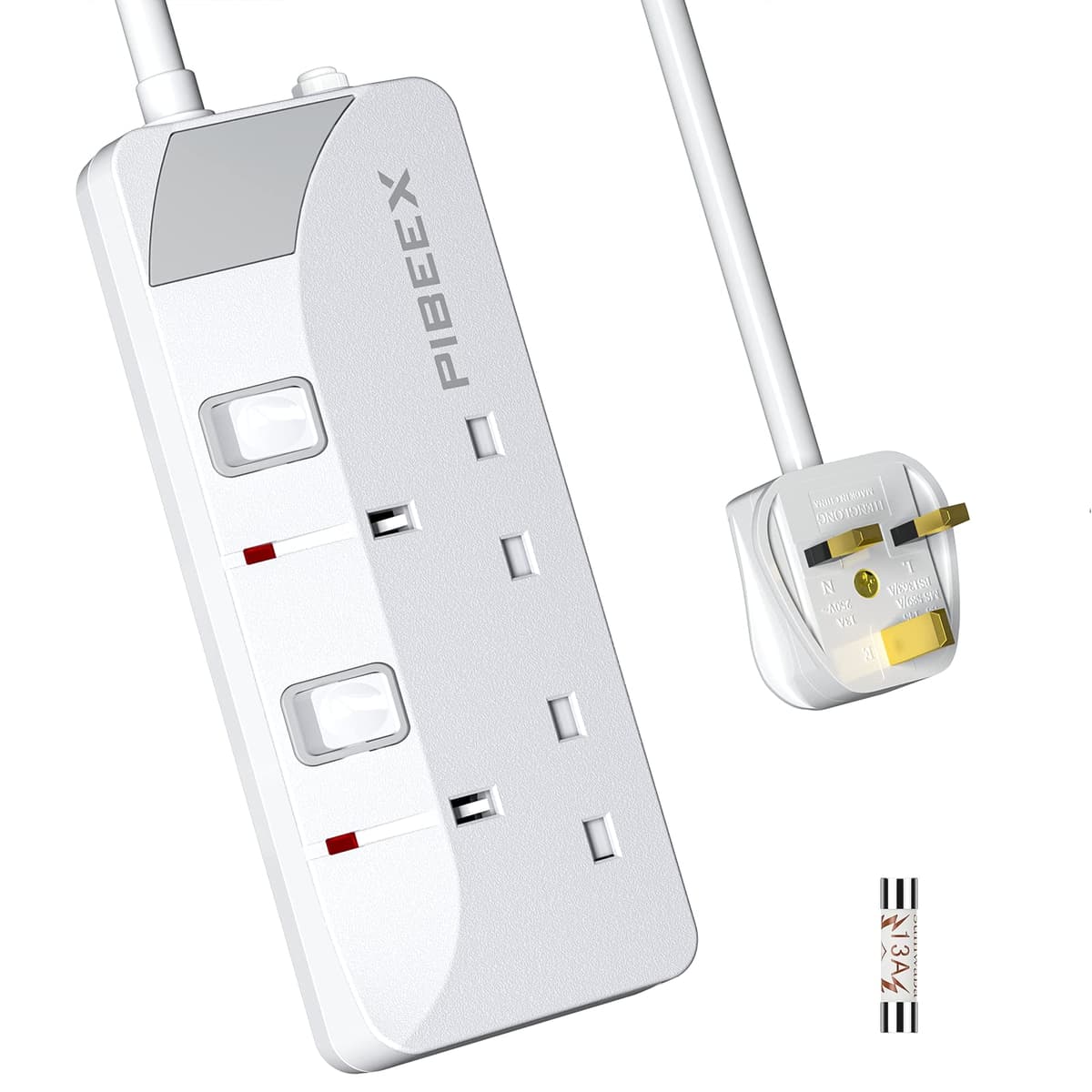 PIBEEX Extension Lead 2 Way Plug Sockets with Individual Switches Wall Mountable Power Strip 3M Extension Cable 13A Fused UK Plug 3250W