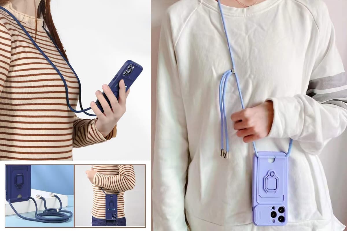 Protección de Cámara Funda Compatible con iPhone 13, con Anillo Soporte, Ajustable Collar Correa de Cuello Cordón Carcasa de Silicona-Púrpura — view 6