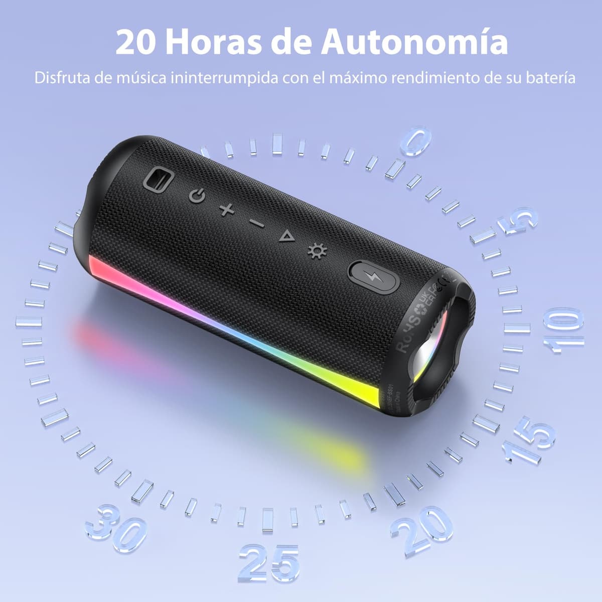 Altavoz Portátil 2026, Altavoz Bluetooth Potente con Bajos Mejorados, Hasta 20H de Reproducción, Altavoces Bluetooth 5.4 con Emparejamiento TWS, 7 Modos RGB, Ideal para Exterior, Fiestas y Viajes — view 5