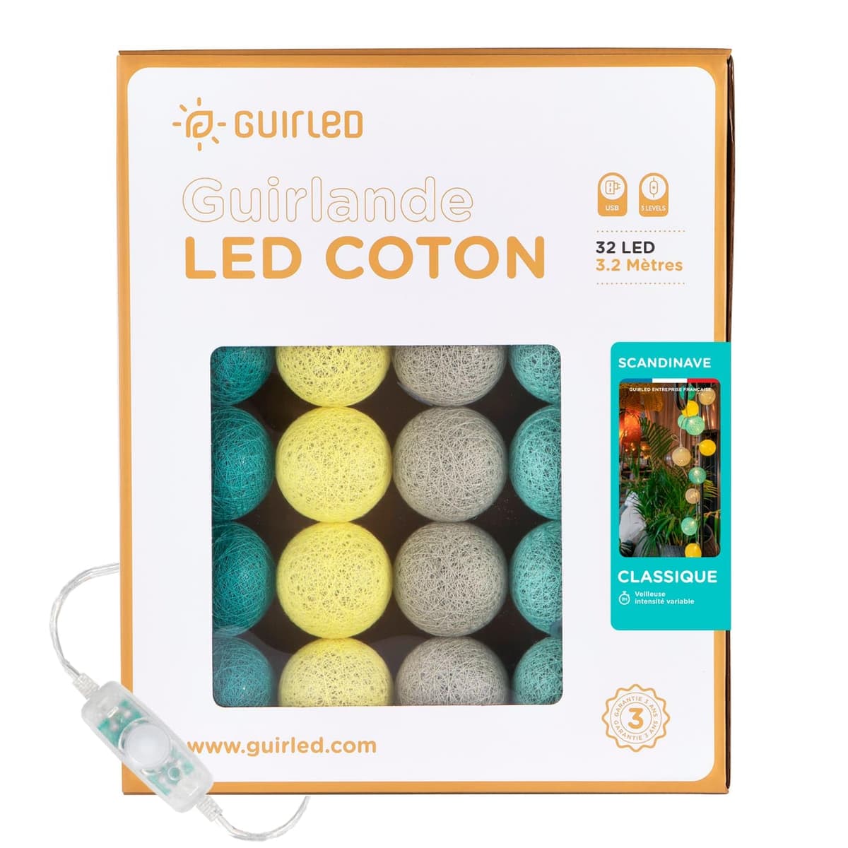 GuirLED - Guirnalda luminosa bolas de algodón LED USB- Luz de noche para bebé 2h - Adaptador de corriente dual USB 2A incluido - 3 intensidades - 16 bolas 1,6m - Byzantin — view 27