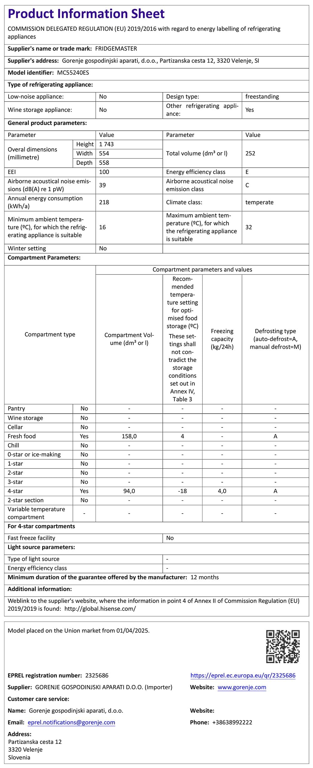 Fridgemaster MC55240ES 55cm Freestanding 252L 50/50 Fridge Freezer - LED Lighting, Silver - E Rated, H174.3 x W55.4 x D55.8 (cm) — view 15