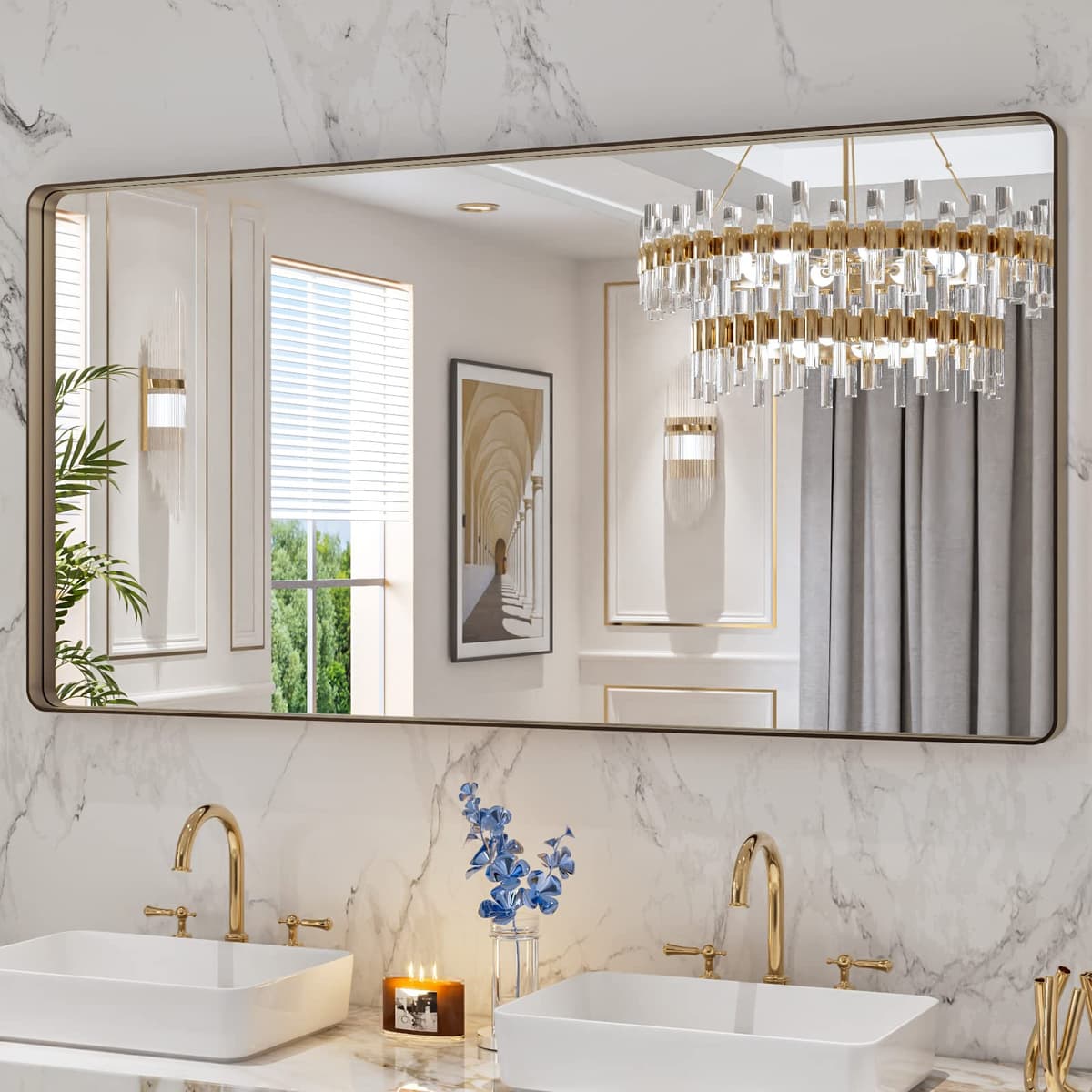 LOAAO 48”X36” Gold Bathroom Mirror, Rounded Rectangle Gold Frame Mirror, Brushed Gold Bathroom Vanity Mirror Wall-Mounted, Anti-Rust, Tempered Glass, Hangs Horizontally or Vertically — view 27