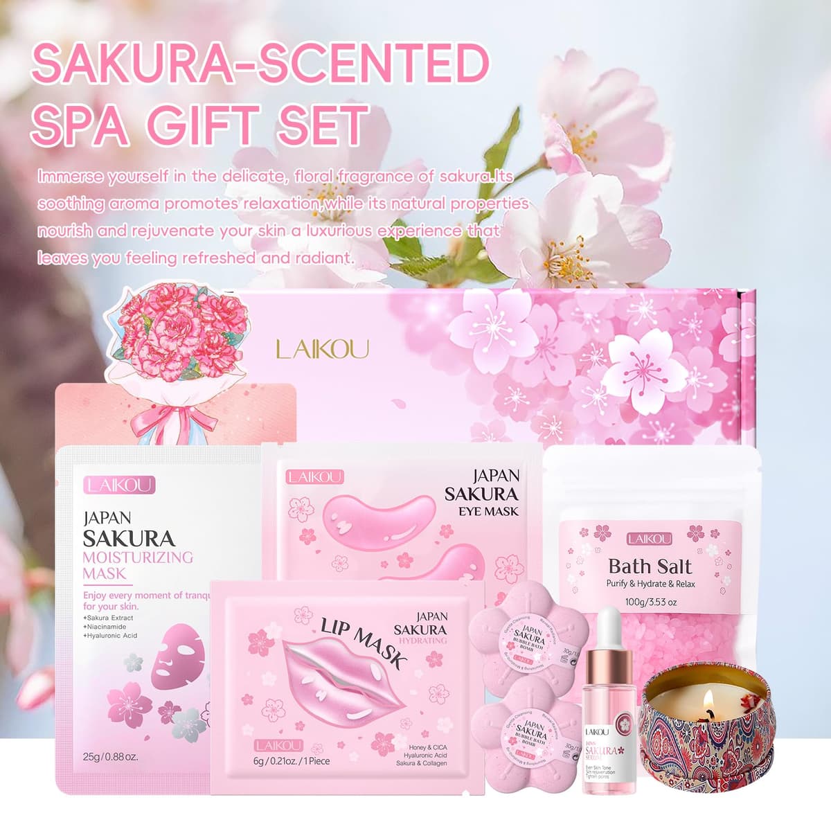 LAIKOU Sakura Women's Spa Relax Gift Set, 8 Pieces Personal Care for Women Gift, Serum, Masks, Scented Candle, Bath Salts and Pump, Gifts for Birthdays, Christmas, Valentine's Day — view 2