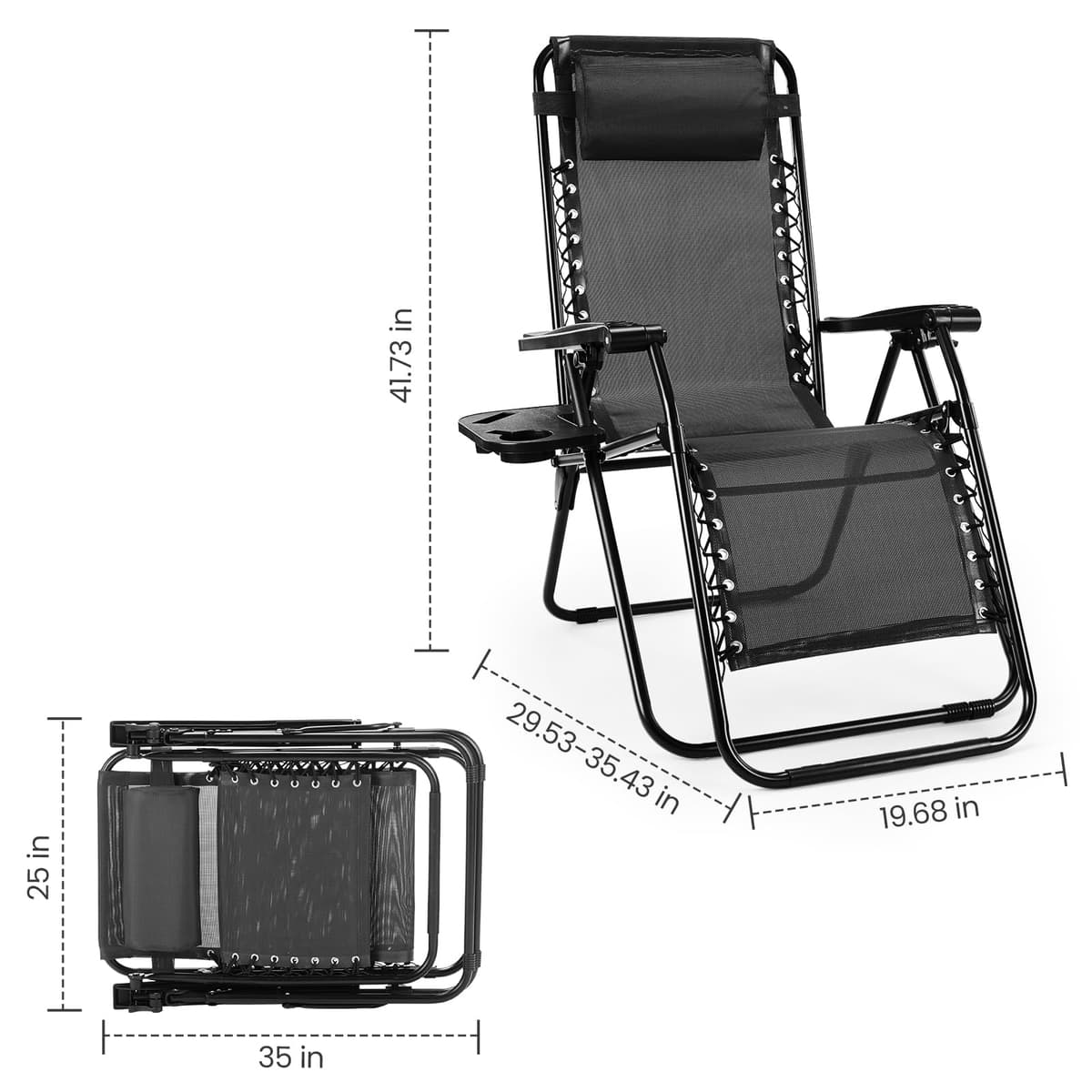 Sweetcrispy Zero Gravity Chairs, Set of 2 Portable Recliner Beach Camping Patio Outdoor Folding Lounge Chair with Cup Holder Trays and Adjustable Pillow for Poolside, Garden, Backyard, Lawn (Black) — view 2