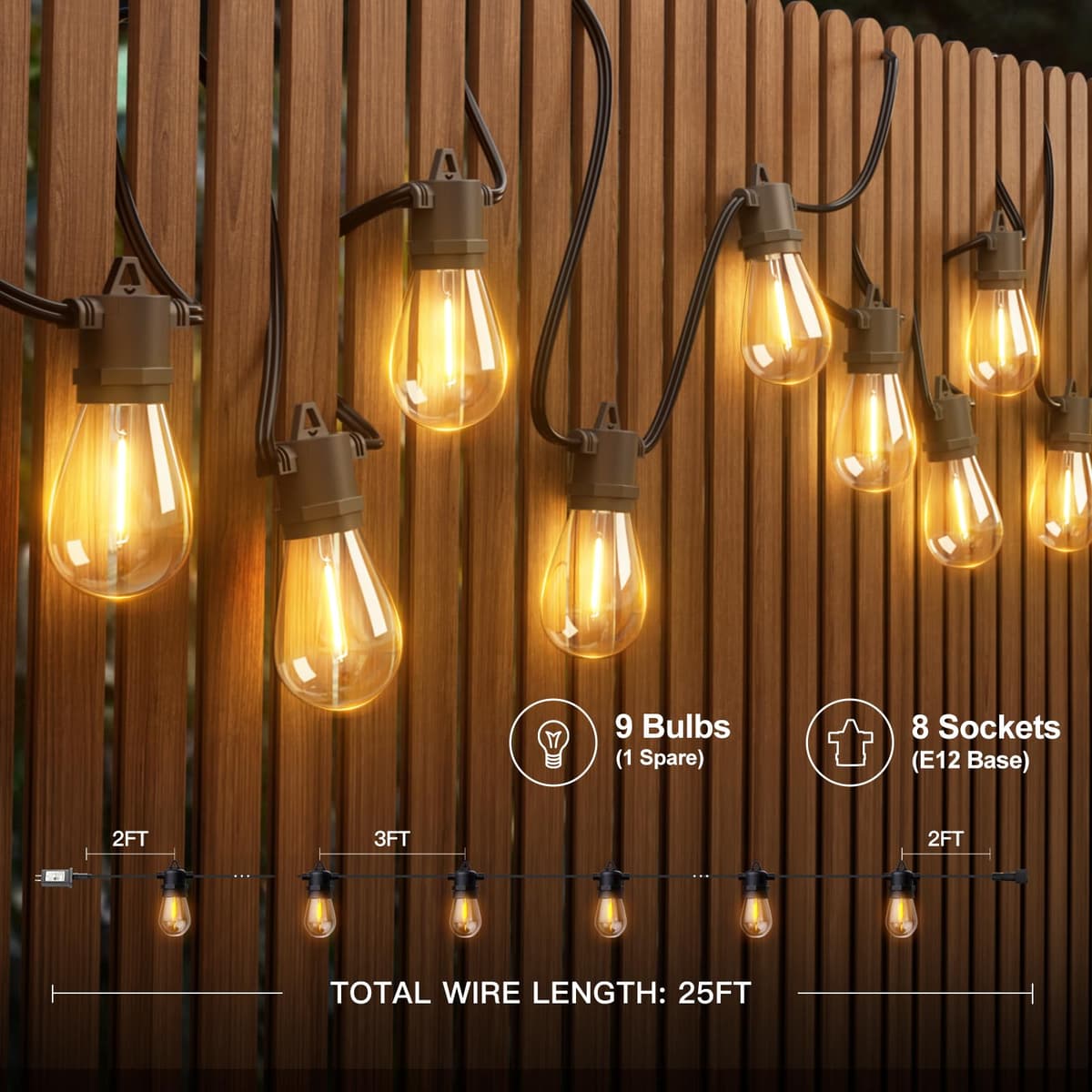 addlon 25FT LED Outdoor String Lights with Edison Shatterproof Bulbs, Heavy-Duty and Weatherproof Strand, Commercial Grade Patio Lights, Decorative for Garden or Patio, Black — view 6
