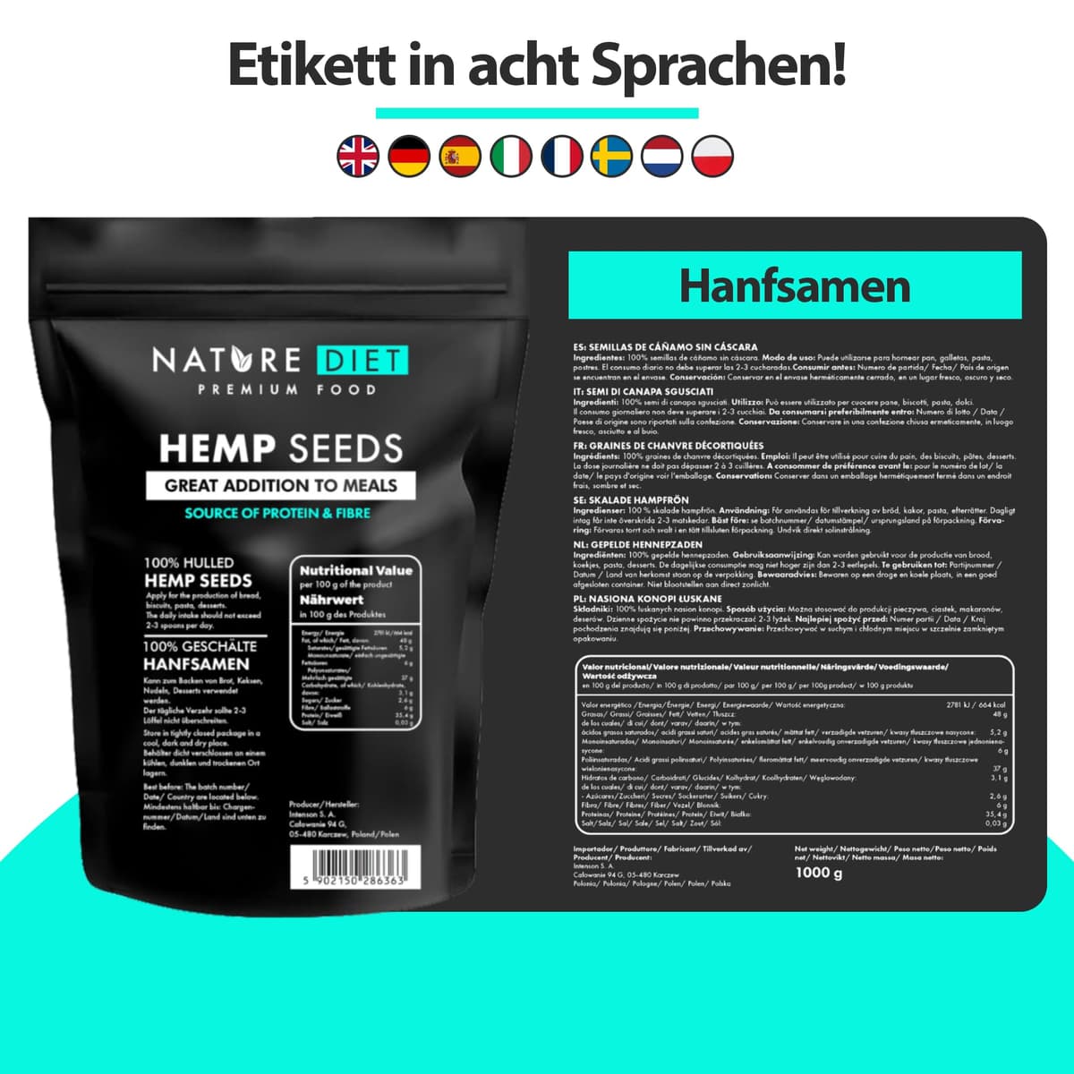 Nature Diet Semillas de Cáñamo 1000g | Peladas | Sin Gluten & Veganas | Ricas en Proteínas y Fibra | Fuente de Omega 3 & 6 | Superalimento para una Nutrición Diaria — view 2