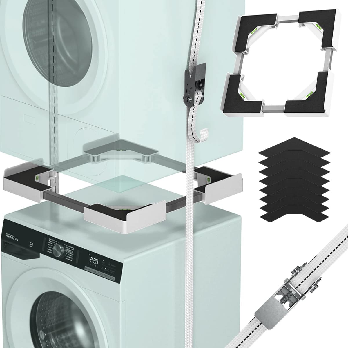 Kit de apilamiento universal para lavadora y secadora, Rango de marco ajustable de 45 a 68 cm, Ofrece soluciones para apilar lavadoras y secadoras de diferentes tamaños (Blanco)