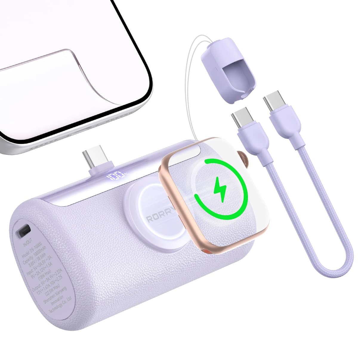 RORRY PalmGo Portable Charger, 10000mAh PD 22.5W Fast Charging Mini Power Bank with Built-in USB C Connector, 3-in-1 Battery Pack for iPhone 17/16/15 Pro/Max, Apple Watch Ultra/11/10/SE, iPad, Pink — view 10