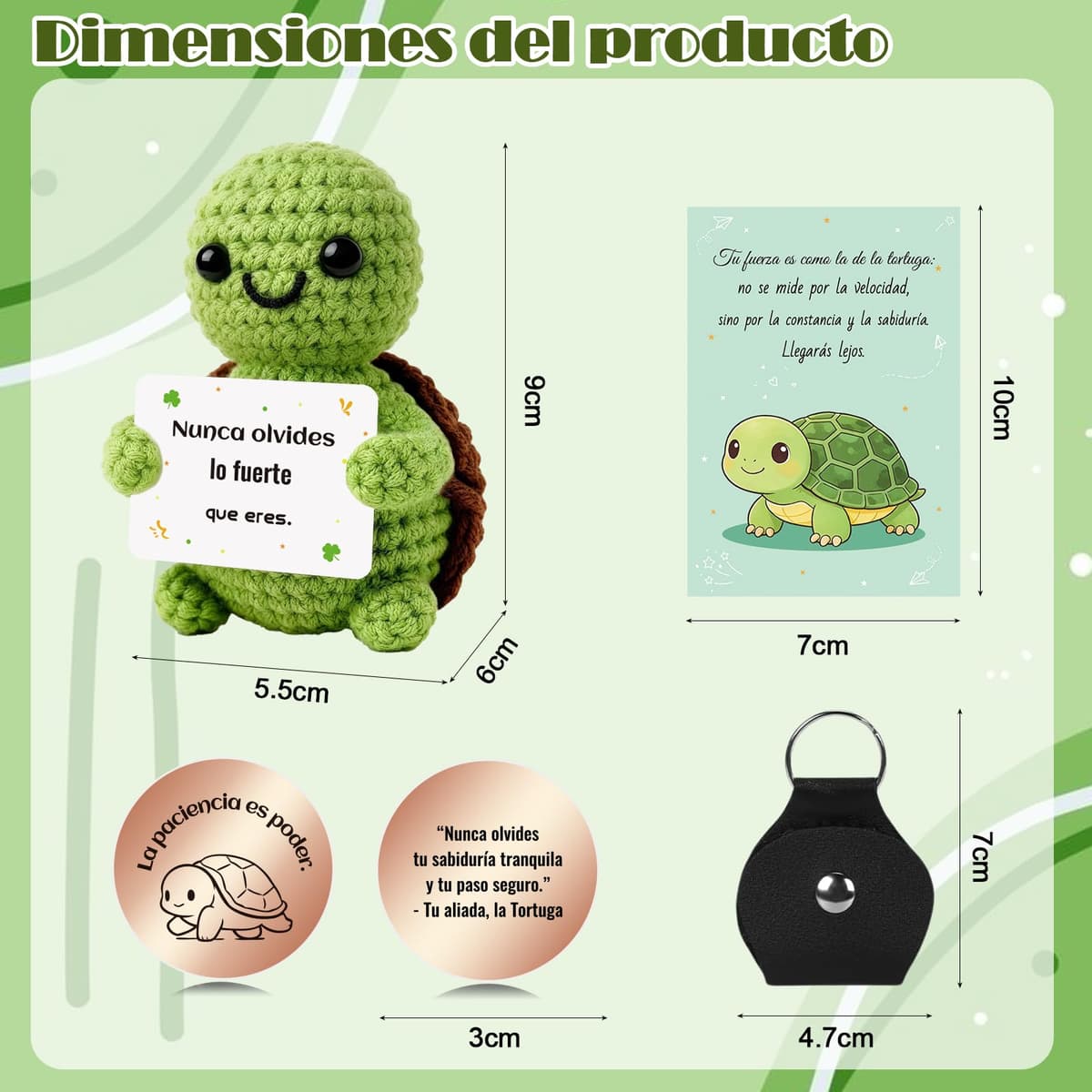 Tortuga Amigurumi Hecha a Mano con Frases Inspiradoras en Español - Peluche Motivacional con Llavero - Regalo Original para Amiga, Novia, Comunión, Cumpleaños o Mujeres -Paciencia y Fuerza (TORTUGA) — view 2