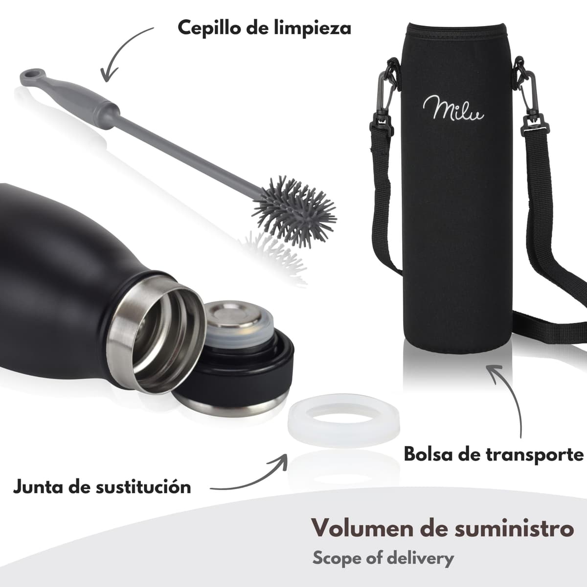 Milu Botella de acero inoxidable de 350ml 500ml 750 ml 1 L 1,5 L botella de agua aislada, termo a prueba de fugas, doble pared, apta para ácido carbónico + cepillo de limpieza (Azul Violeta, 350ml) — view 166