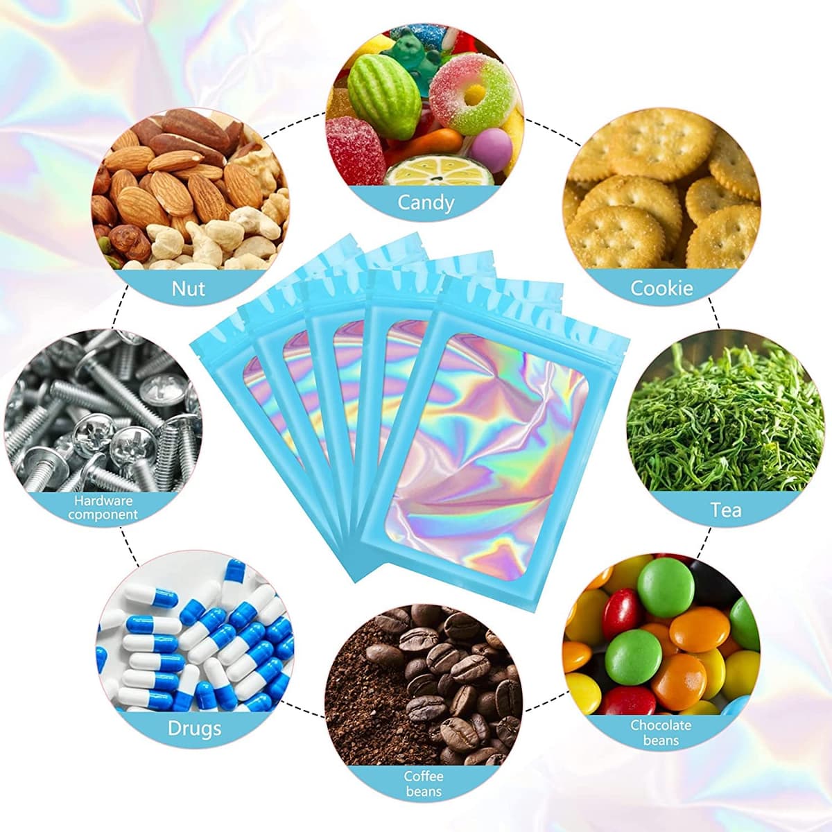 100 PCS Smell Proof Mylar Bags Holographic Packaging Bags, Resealable Odor Proof Bag, Mothers Day Gifts (Blue, 3 * 4.7inch) — view 4