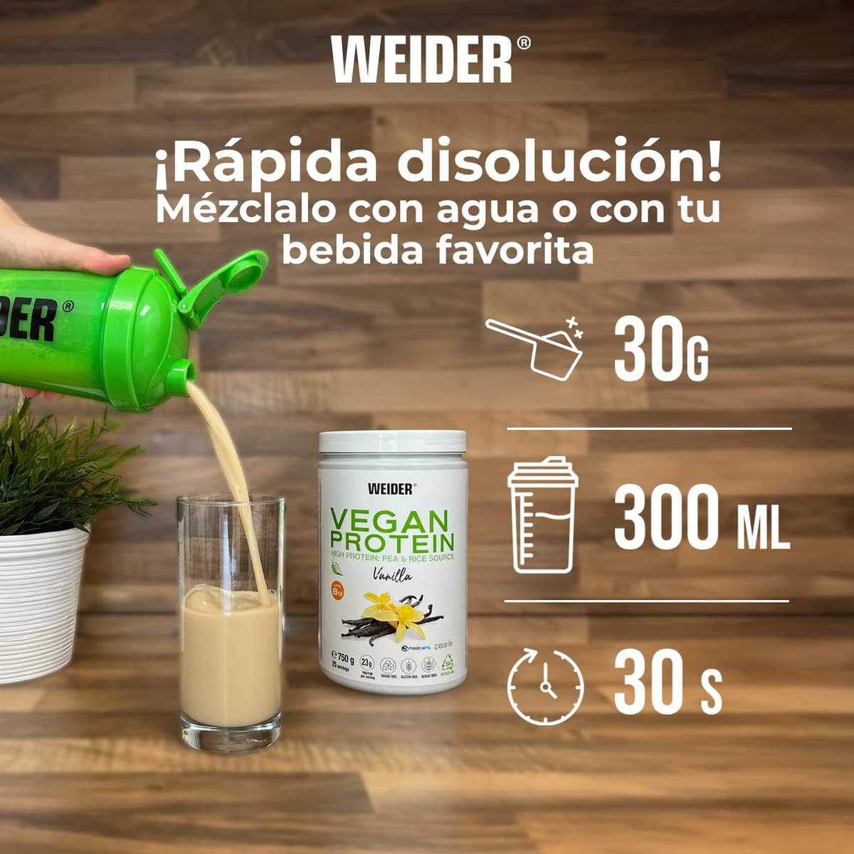 Weider Vegan Protein (750g) Sabor Vainilla. Proteína Vegana 23g/dosis Aislada Guisante (Pisane) y Arroz. Con Vitamina B12 y Stevia. Sin Gluten, Sin Azúcar. Bote 50% Reciclado, 100% Reciclable — view 4
