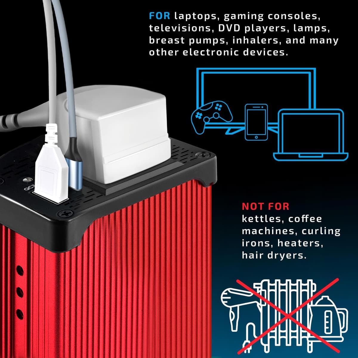 Odoga 300W Car Power Inverter 12V to 240V / 230V Converter, USB-A and USB-C 3A Charging Ports - Charge Your Laptop, iPad, iPhone, Tablet, Consoles & More - Durable and Powerful - Red Aluminum Body — view 2