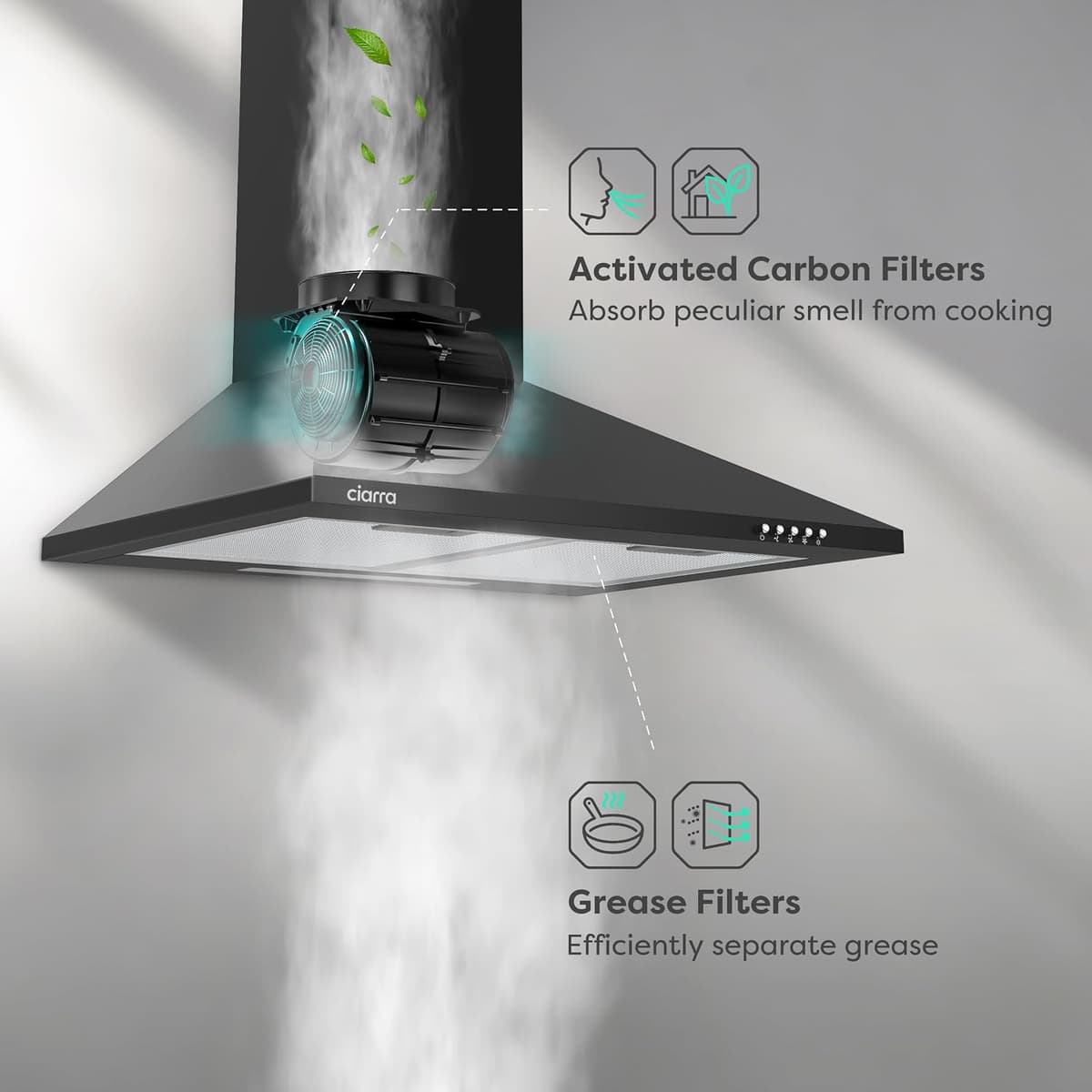 CIARRA Cooker Hood 60cm CBCB6201 600mm Kitchen Extractor Hood with Carbon Filters Recirculating&Ducting Wall Mounted Cooker Extractor Fan Black Black 60cm — view 3