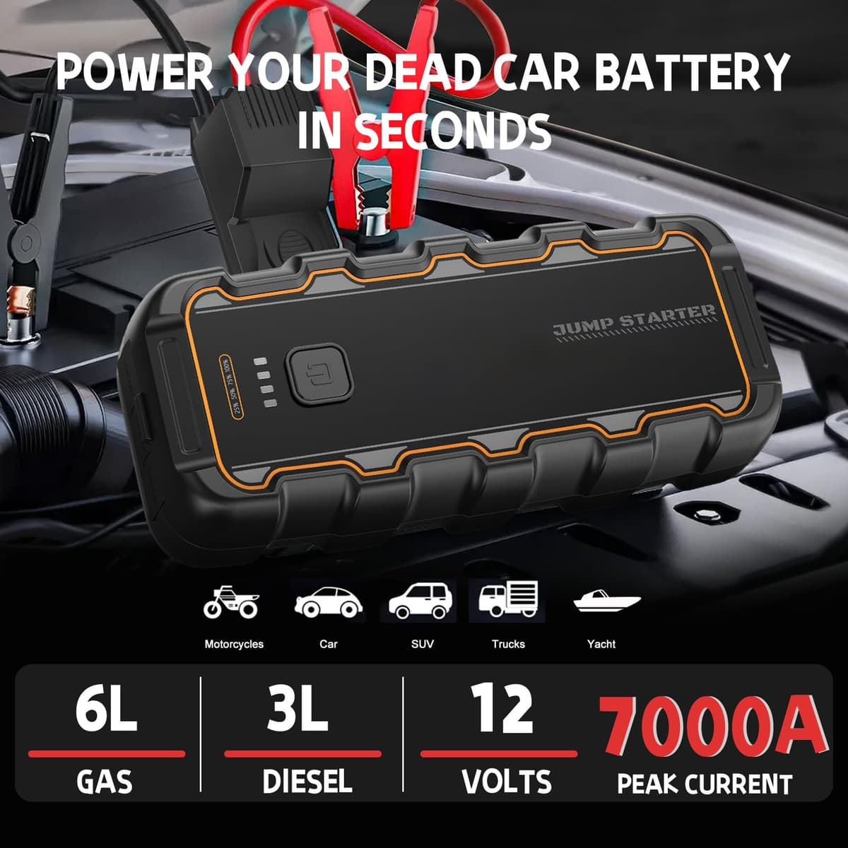 Arrancador de Baterias de Coche 7000 A, Arranca 6.0 L Gas/3.0 L Diésel, Booster Batería 12 V, para Coches, Camiones, Moto, Barcos - Arrancador de Coches Portátil para Emergencias, Viajes y Camping — view 2