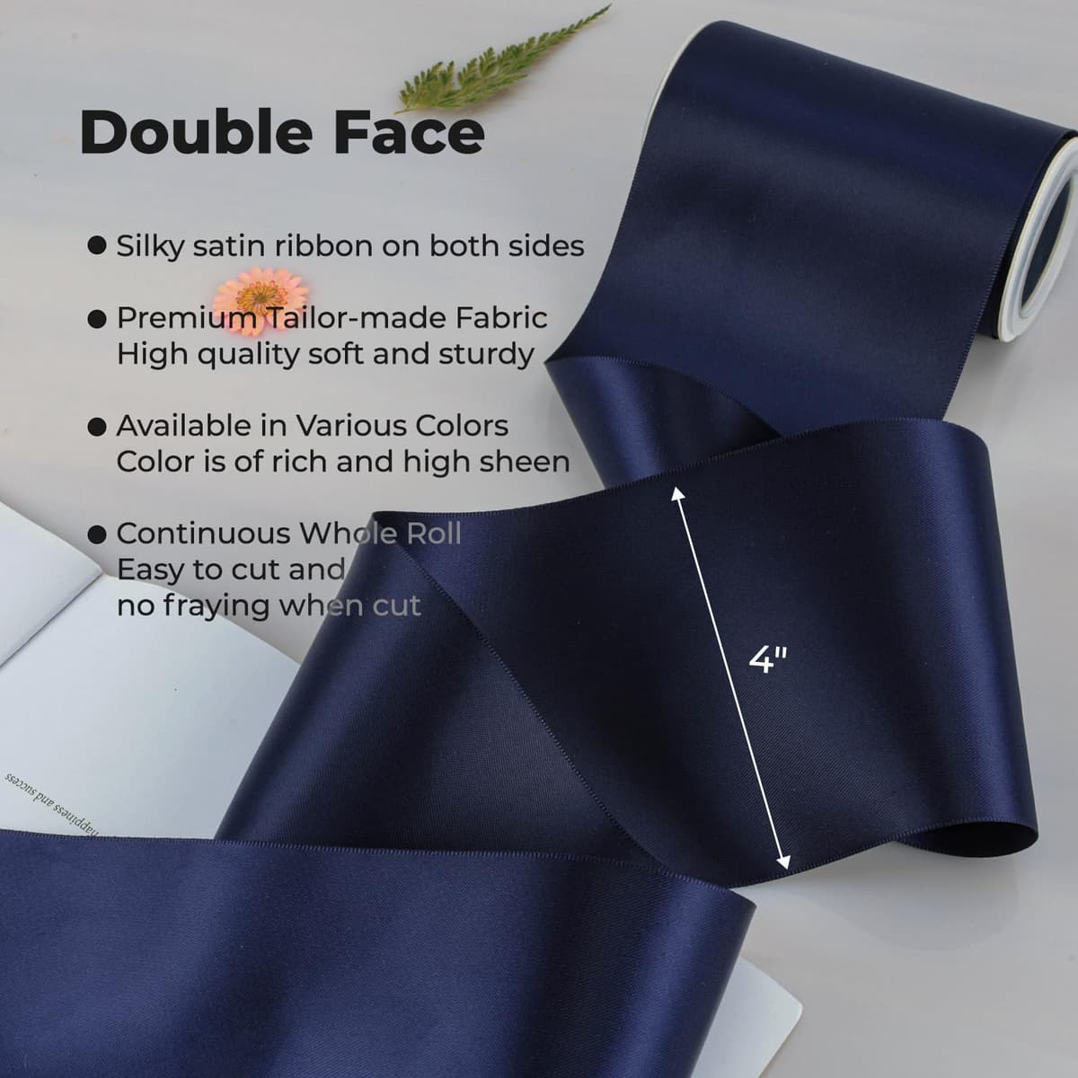 VATIN 100mm Wide Double Faced Polyester Deep Navy Blue Satin Ribbon- 4.5 Metre/Spool, Perfect for Chair Sash, Making Bow, Sewing and Wedding Bouquet — view 2