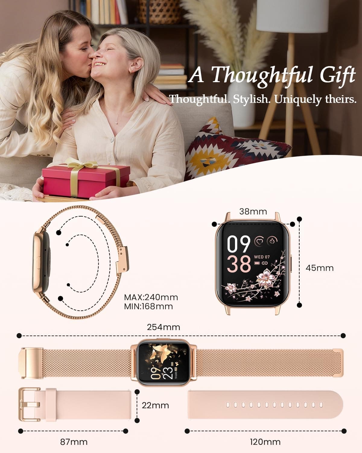 2026 Nuevo Reloj Inteligente Mujer, 1.85" AMOLED Smartwatch con Llamadas Función Femenina, 24H SpO2/Pulsómetro/Sueño,113+ Modos Deportivos 5ATM Calorías Podómetro WhatsApp Android iOS Oro Rosa, Regalo — view 8