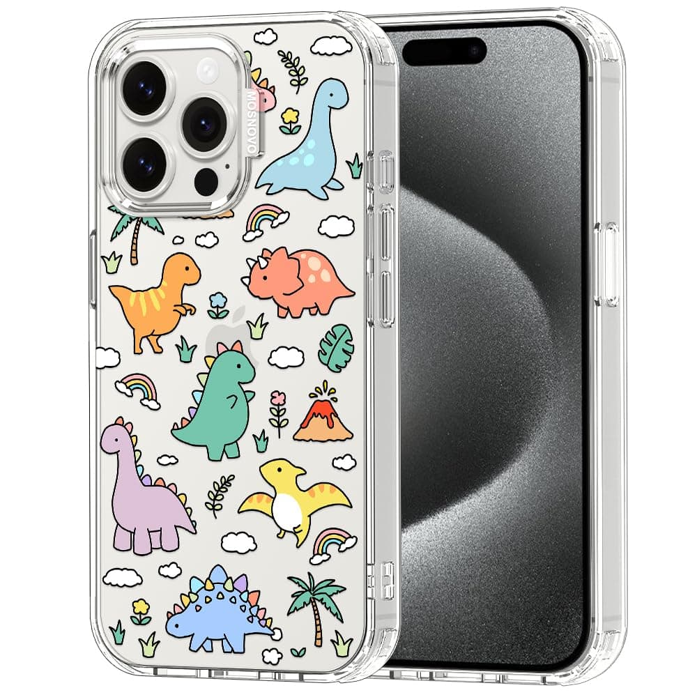 MOSNOVO Case for iPhone 15 Pro Max, [Buffertech 6.6ft Military-Grade Drop Protection] [Anti Peel Off Tech] Clear TPU Bumper Phone Case Cover Design - Dinosaur Land