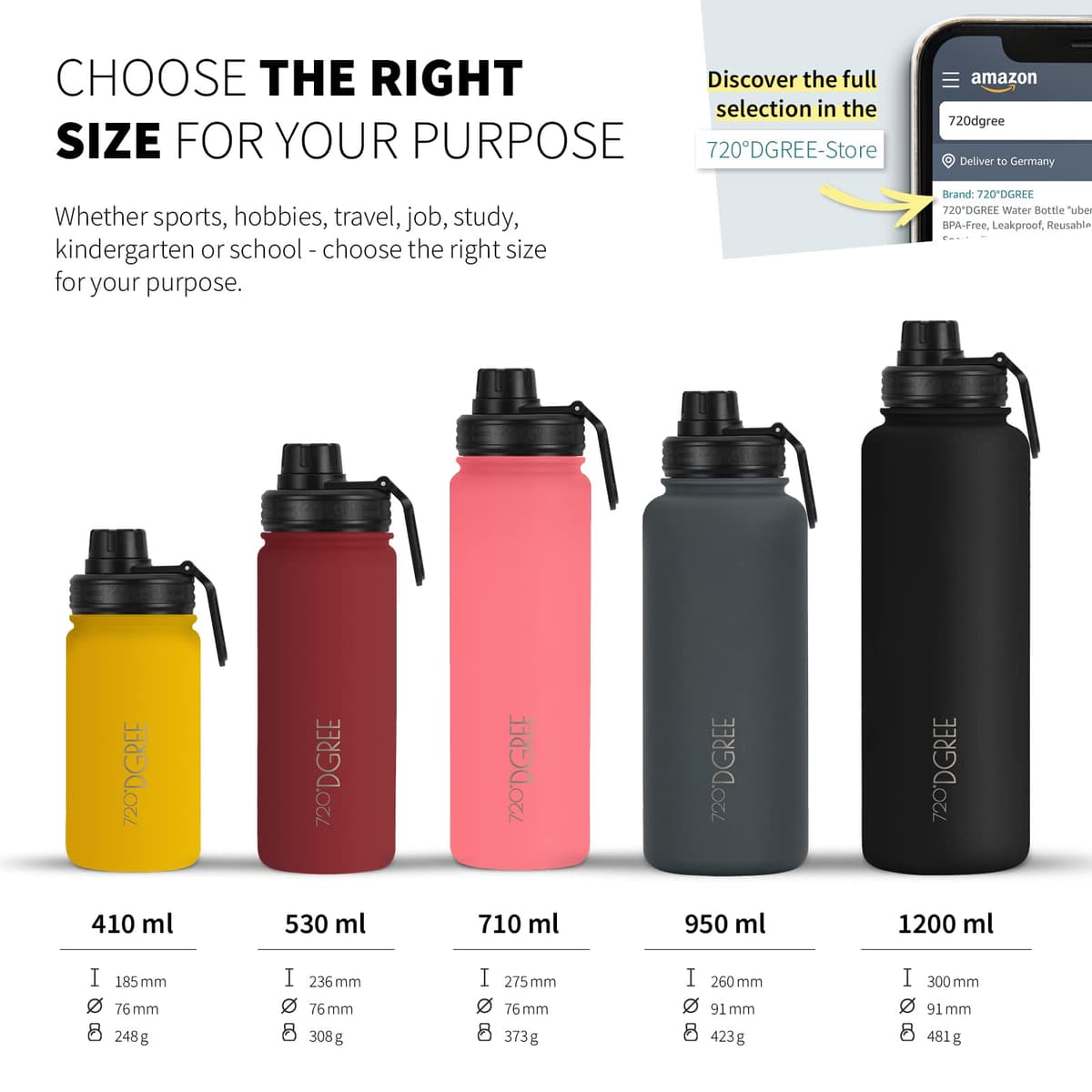 720°DGREE Botella Agua Termo Acero Inoxidable “noLimit“ – 410ml, 530ml, 710ml, 950ml, 1200ml - Sin BPA Free, Antigoteo y Prueba de Fugas - Frasco térmico, Cantimplora Aislada +Cubierta Deportes Gratis — view 3