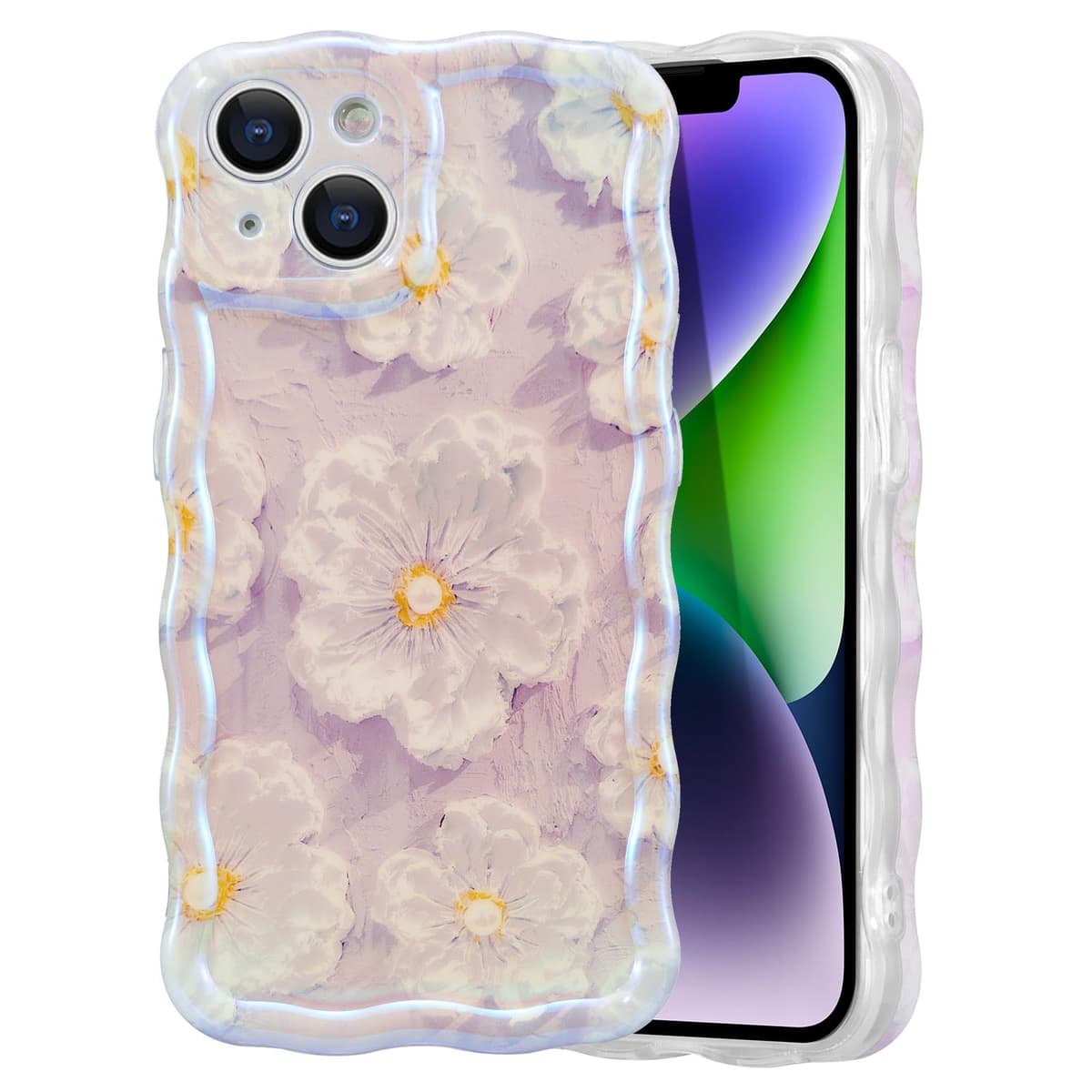 EYZUTAK Case for iPhone 16, Colorful Retro Oil Painting Printed Flower Laser Glossy Pattern Cute Curly Wave Edge Exquisite Phone Cover Stylish Durable TPU Protective Case for Girl Women-Green — view 17