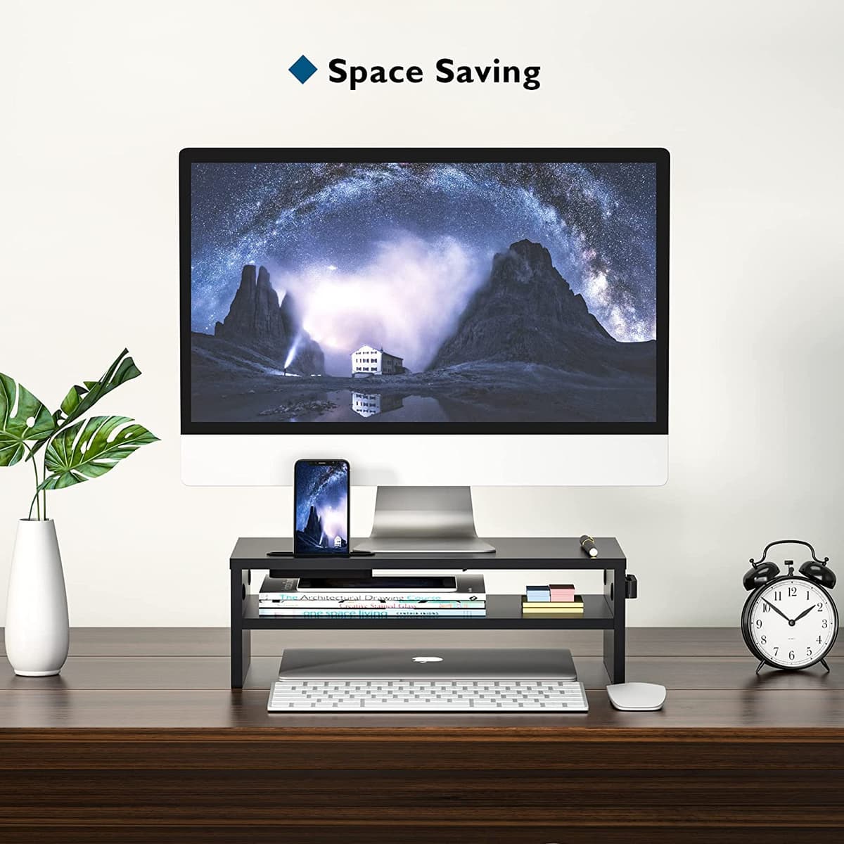BONTEC Soporte Monitor Mesa Elevador Monitor Soporte Monitor Ordenador 2 Niveles Negro, W420 x D235 x H142mm con Soporte para Teléfono Inteligente y Gestión de Cables — view 5