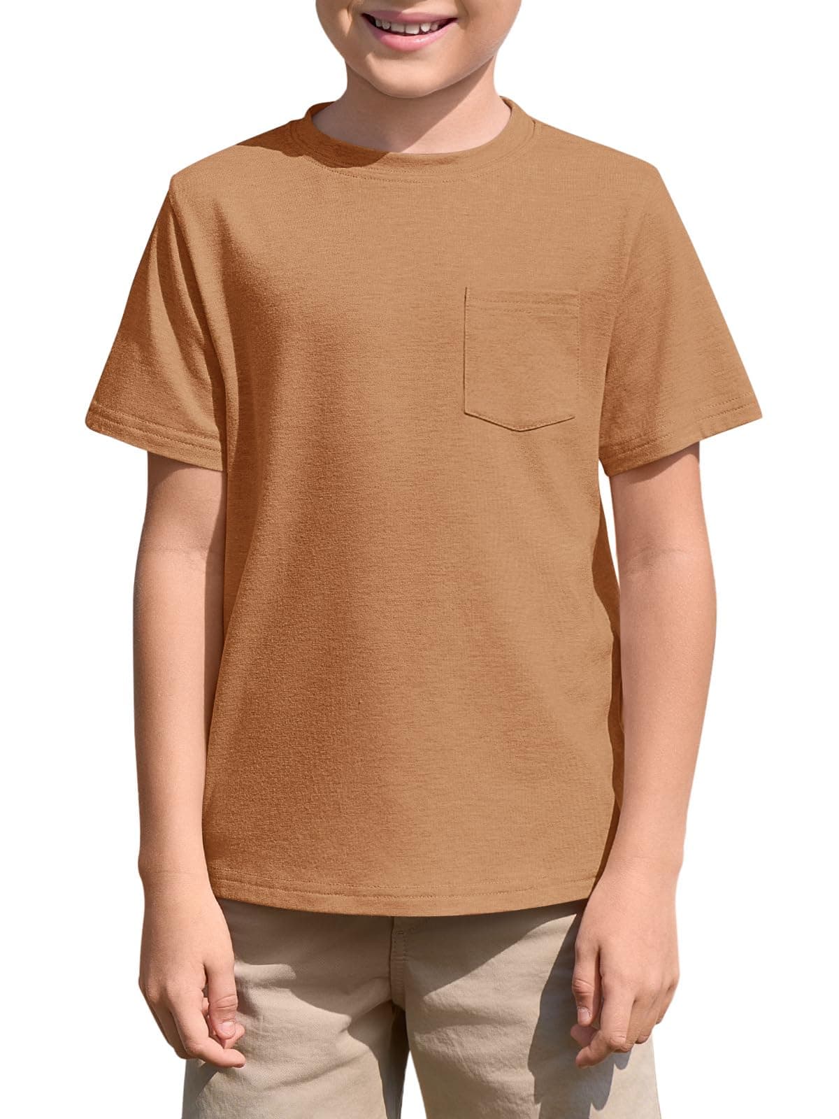 Haloumoning Camiseta de manga corta con cuello redondo para niños, para verano, lisa, ligera, ajuste regular, camisetas deportivas, informales, básicas, con bolsillo en el pecho, 5-14 años — view 10